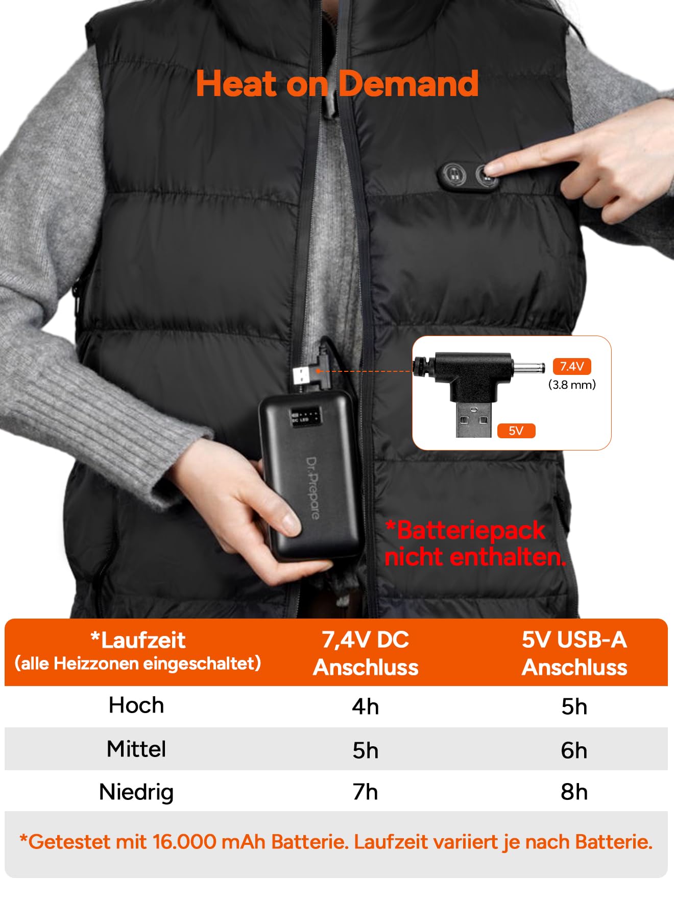 DR.PREPARE Beheizbare Weste Herren Damen, Leichte Elektrische Heizweste mit 3 Heizstufen, 10 Heizzonen, Intelligente Knopfsteuerung, Einstellbar Wärmeweste für Outdoor-Aktivitäten Sport Freizeit