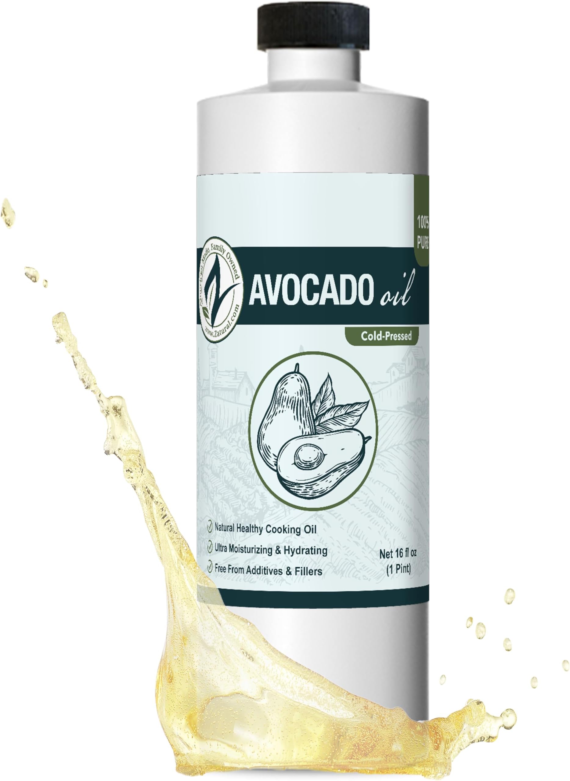 Zatural 100% Pure Cold Pressed Avocado Oil – Non-GMO Refined, High Smoke Point 500°F+, Perfect for Cooking Frying Baking Grilling, Dressings Sauces Marinades & Skincare Hair (16 fl oz)