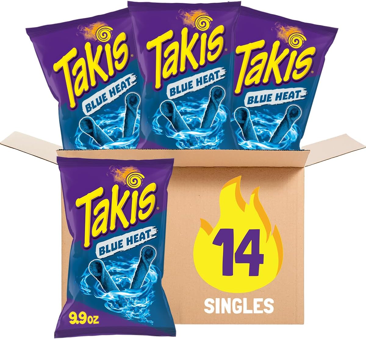 Takis Blue Heat Rolled Tortilla Chips, Hot Chili Pepper Flavored, Multipack Box with 14 Bags of 9.9 Ounces