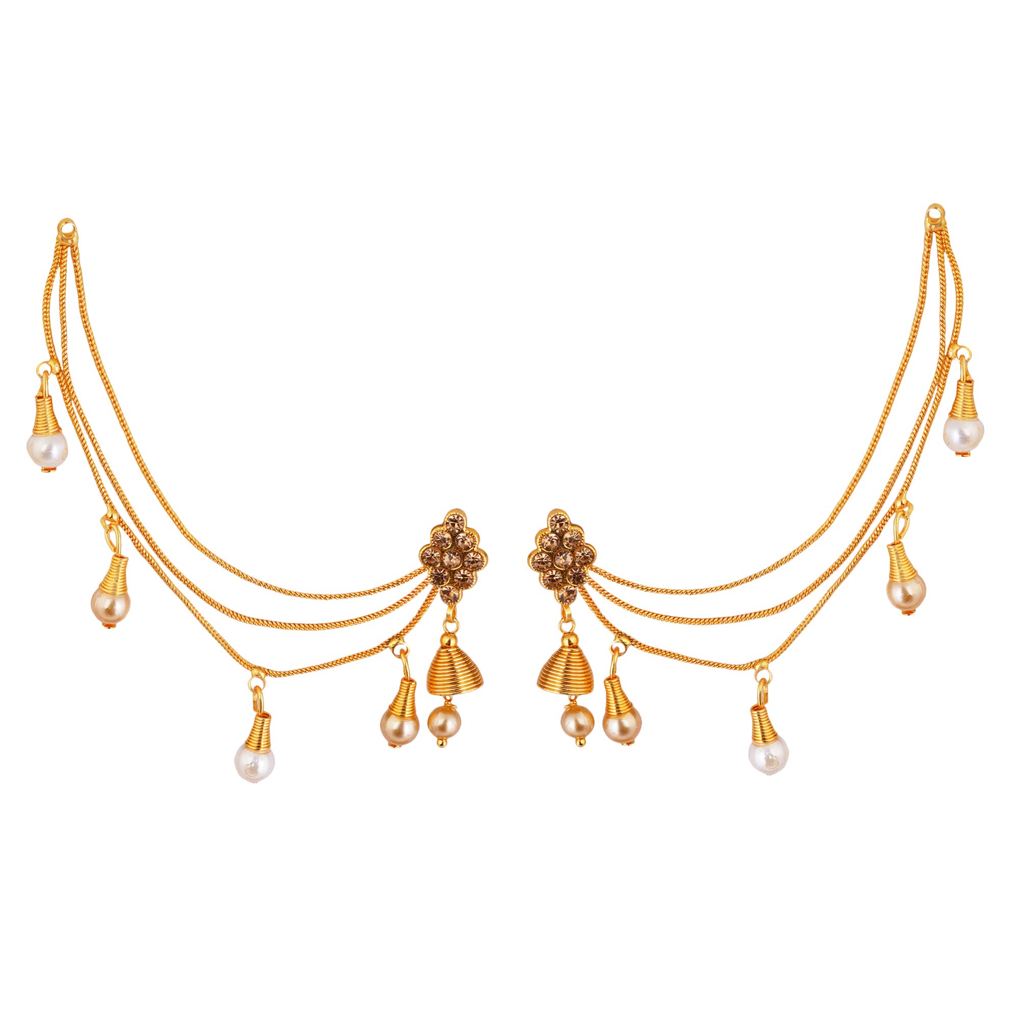 Shreyadzines Traditional Designer Gold Polish Bahubali Style Jhumka Jhumki Earrings with Hair Chain for Women and Girls