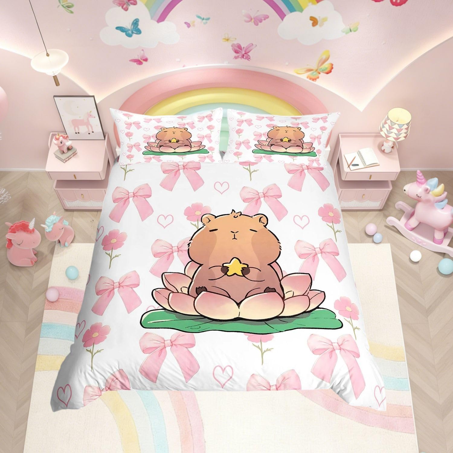 Homewish Kids Capybara King Duvet Cover for Girls Pink Bow Bedding Set - Cute Cartoon Lotus Capybara Pattern Quilt Cover Princess Style Kawaii Bowknot Flowers Bed Set with 2 Pillowcases