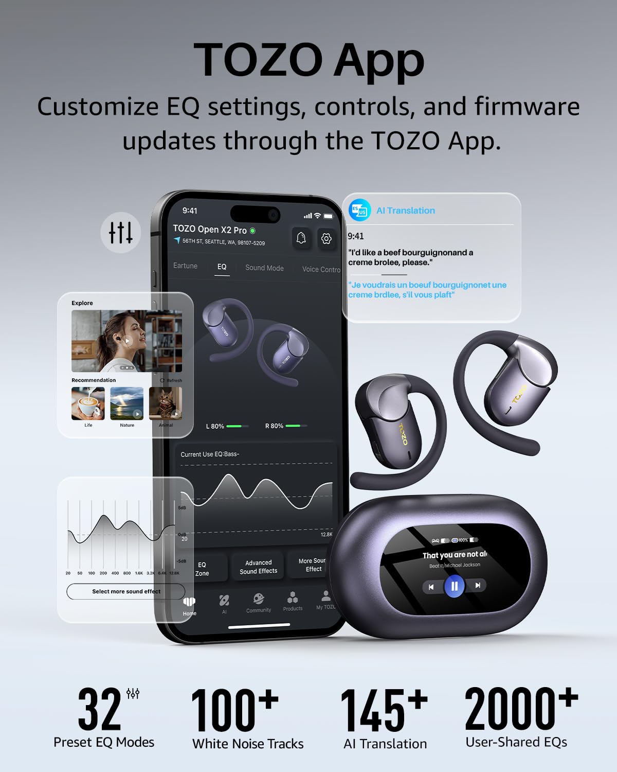 TOZO Open X2 Pro Open-Ear Kopfhörer, Smart Display, LDAC Hi-Res Audio, KI | 15,4-mm Treiber, Gyro Spatial Audio, Dual-Axis Open Fit Design, Bluetooth 6.0, KI-Übersetzung, 35 Std. Akku, IPX7