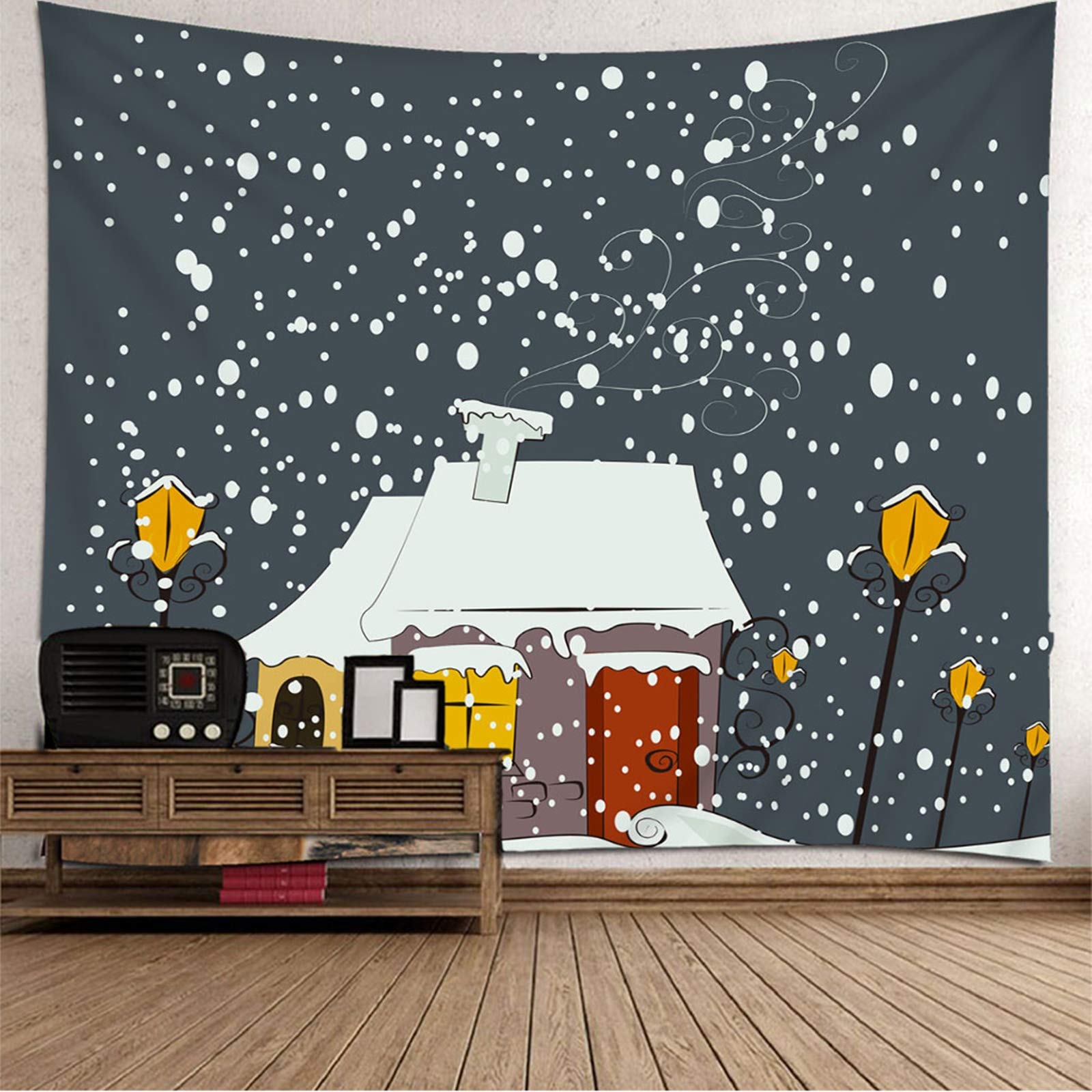Tela Pared Decoracion Vintage, Murales Decorativos Dormitorio Nieve y Casa Amarillo Blanco Gris Oscuro Poliéster Tapiz de Pared Decorativo 240X220cm