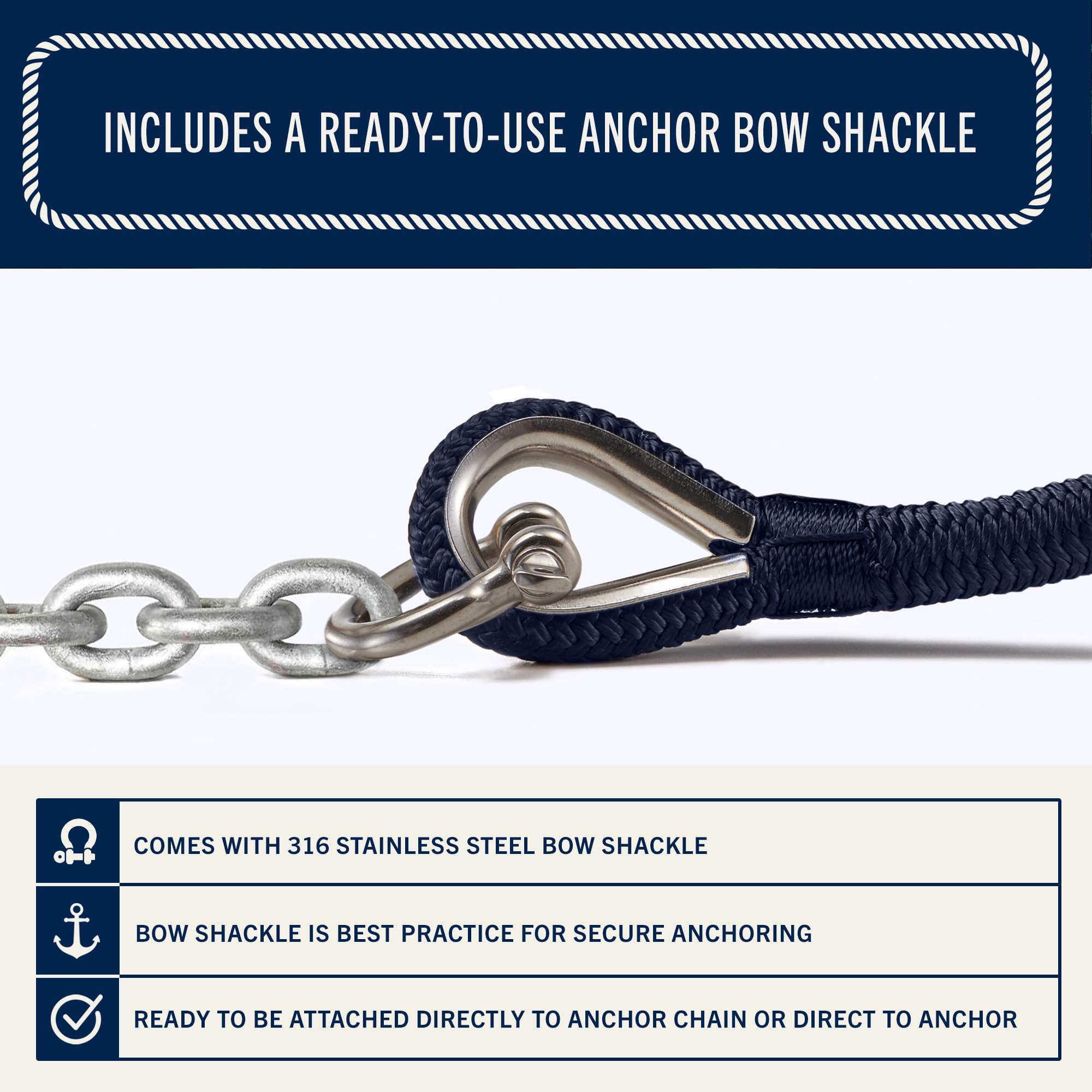 Línea de Anclaje para Barco, Cuerda de Anclaje de 50 pies x 1/4 Pulgadas, Cuerda de Nailon Trenzado Doble con dedal 316SS y Gancho de presión de Grado Marino Resistente, Color Azul