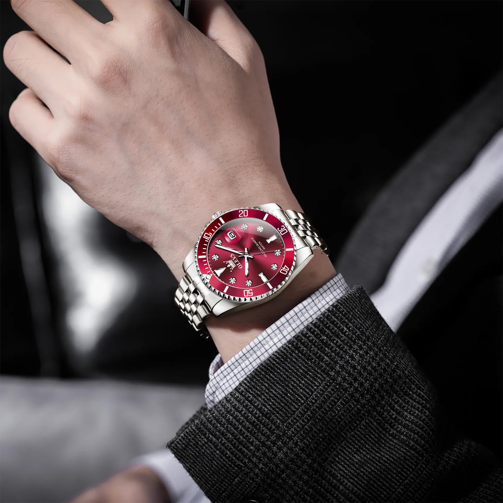 OLEVS Argent pour Hommes, Klassischer Großes Gesicht Montre à Quartz, Acier Inoxydable Facile à Lire Montre de Bracelet de Luxe pour Hommes