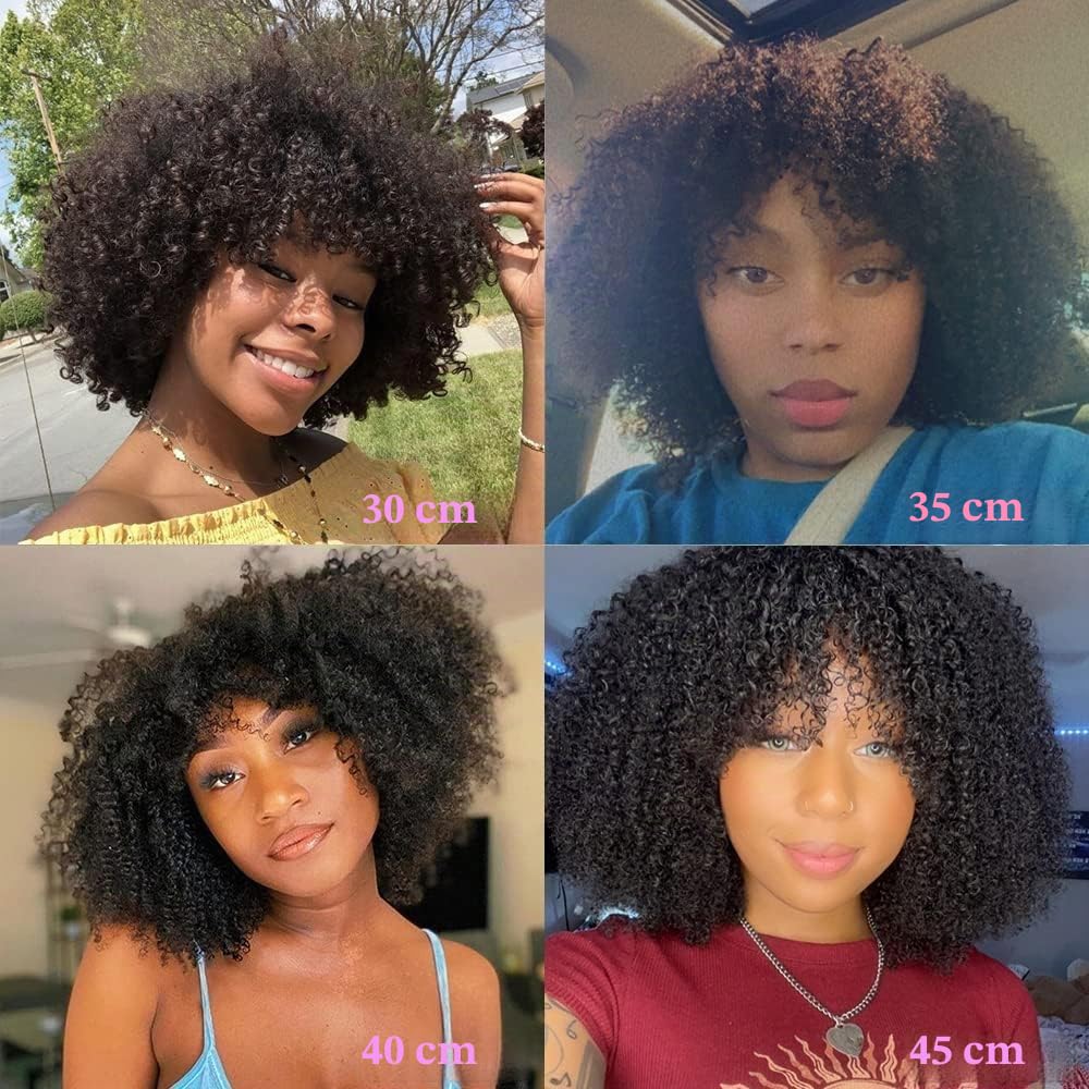 Afro Kinky Curly Human Hair Wig with Bangs for Women None Lace Human Hair Glueless Wig 180% Density Small Curly Human Hair Wigs for Black Women Afro Wig 12 Inch