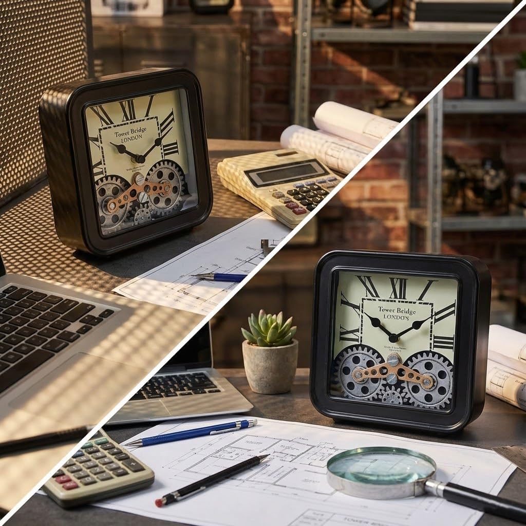 Steampunk Desk Clock with Moving Gears 6 Inch Vintage Metal Table Clock, Silent Non-Ticking Quartz, Battery Operated Industrial Decor for Home Office Shelf Living Room Mantel（Black）