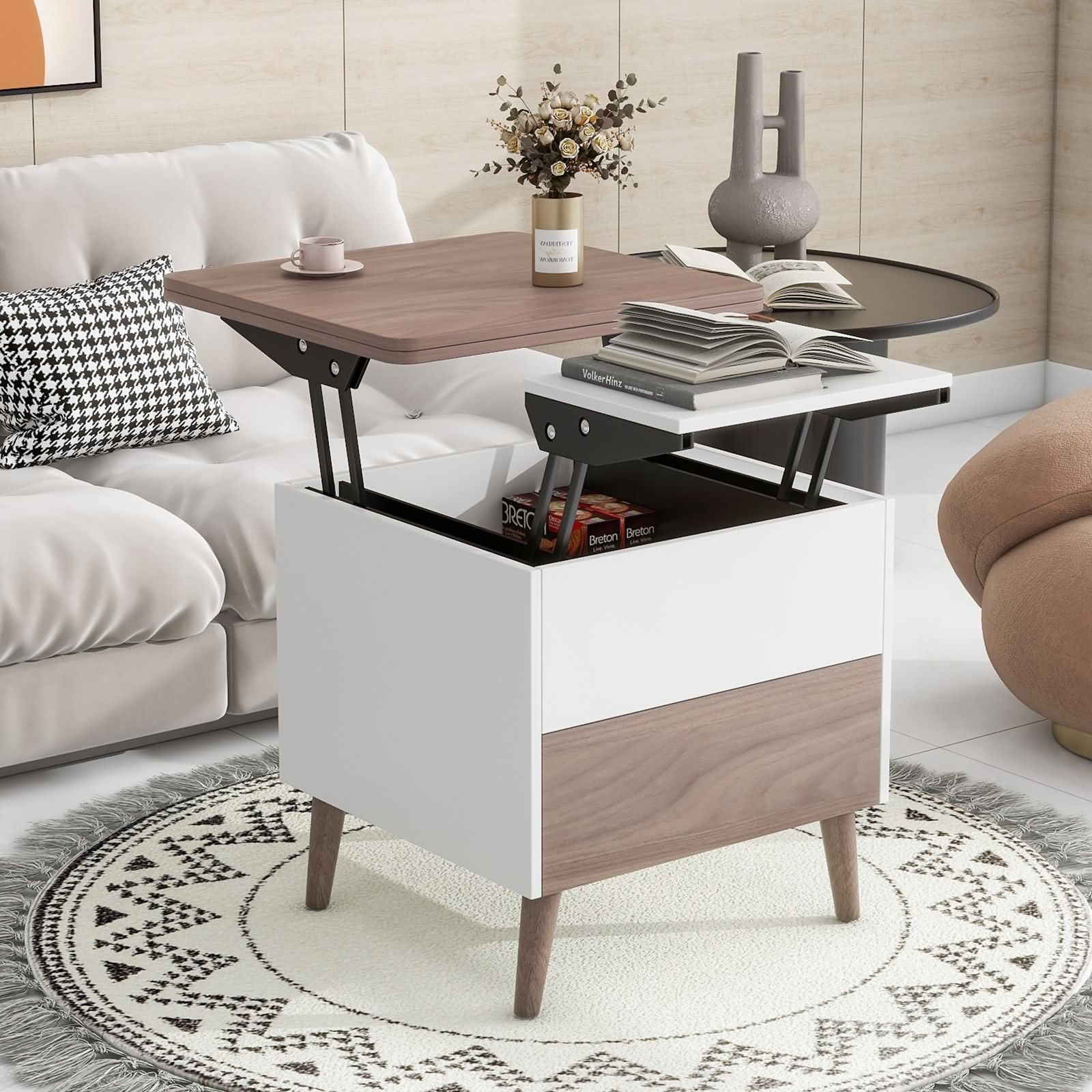 Modern Multi-Functional Coffee Table Extendable with Storage & Lift Top in Walnut, Sofa Tables Living Room, 21.65" L x 21.65" W x 19.88" H