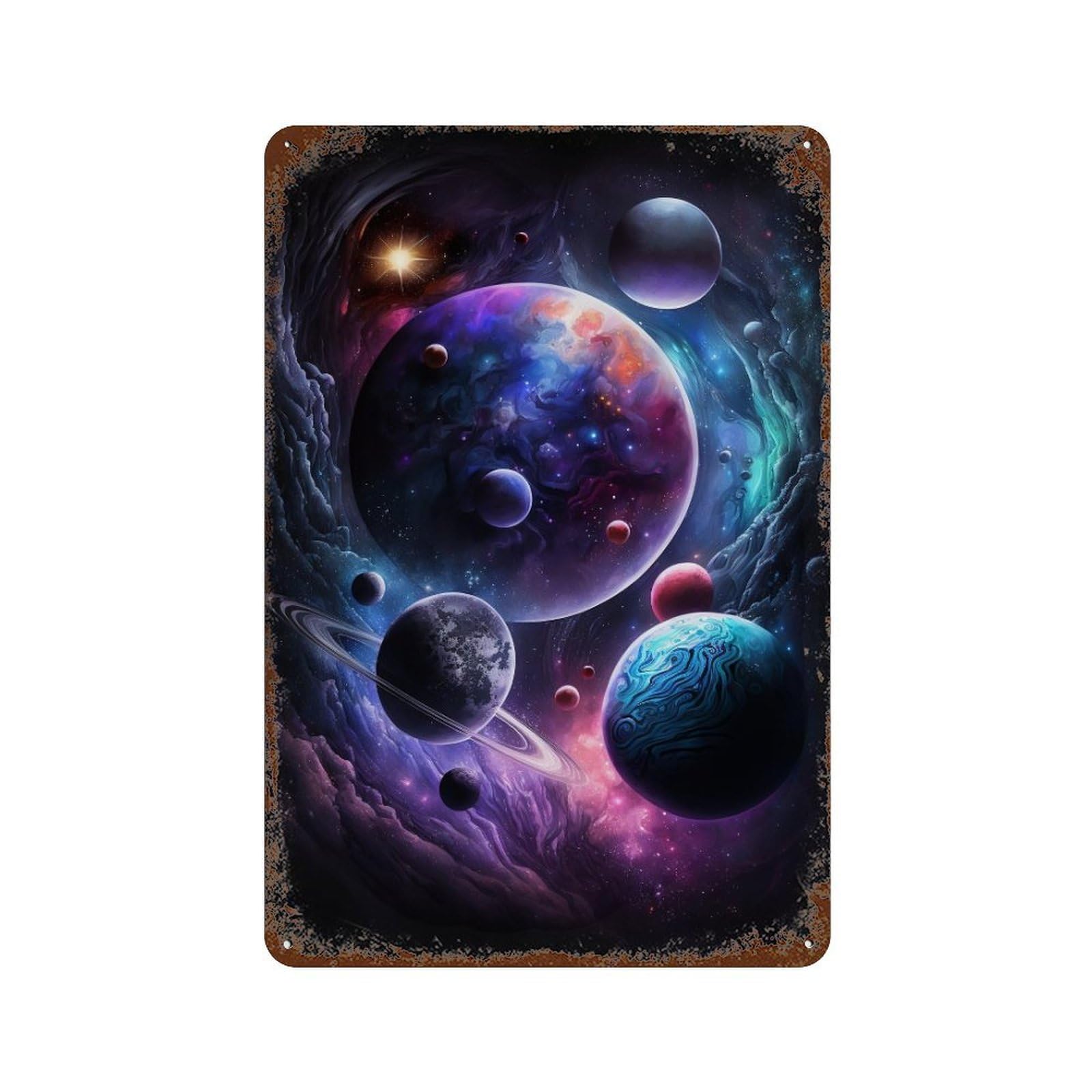 Rust Effect Cosmic Planets in Space Rusty Metal Tin Sign 11.8"x7.9", Decorative Metal Wall Art for Farmhouse, Kitchen And Entryway Decor