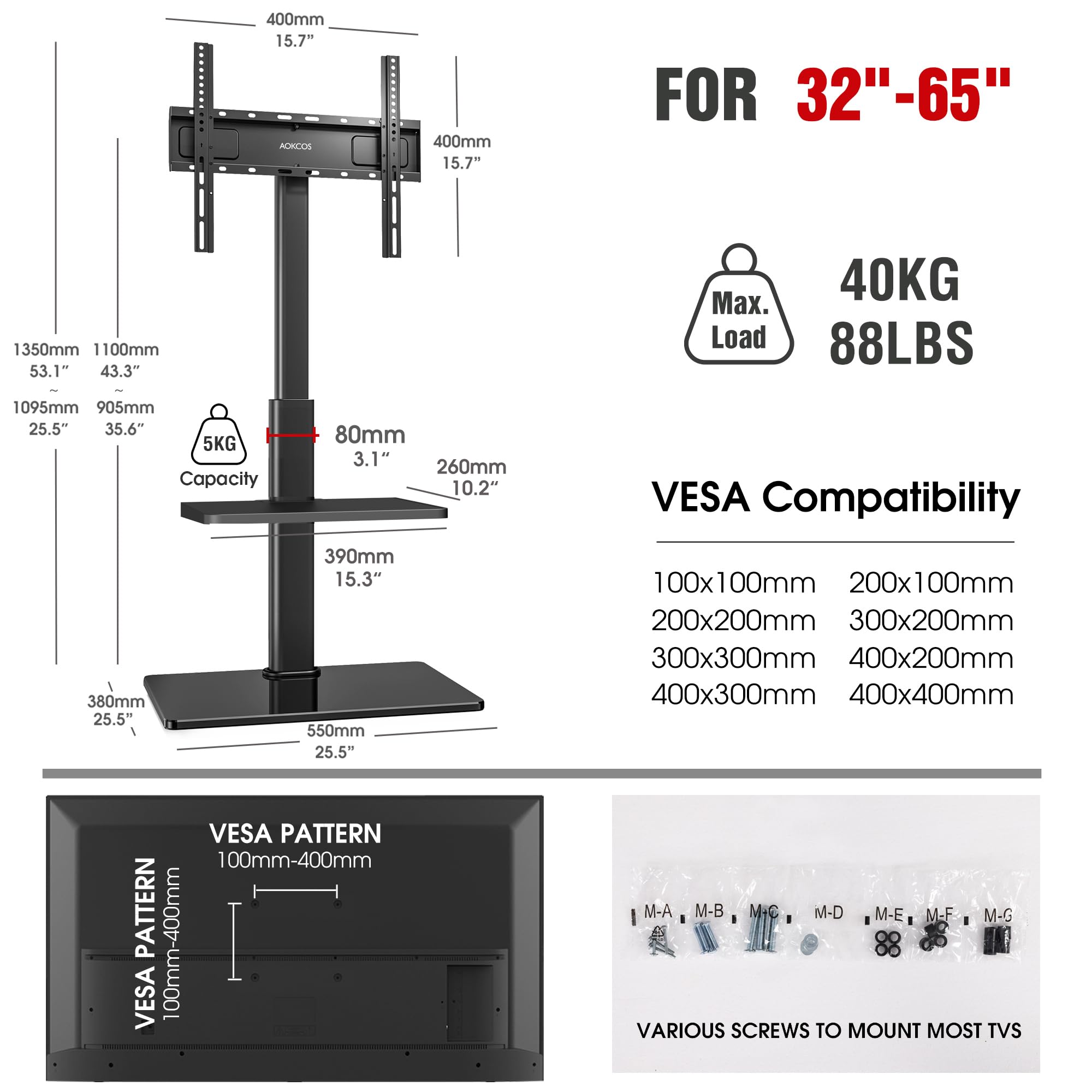 Soporte de TV de suelo con giro de 60 grados, soporte de suelo para televisores de 32 a 65 pulgadas de hasta 88 libras con inclinación, soporte de TV alto ajustable de altura de 8 niveles con 7
