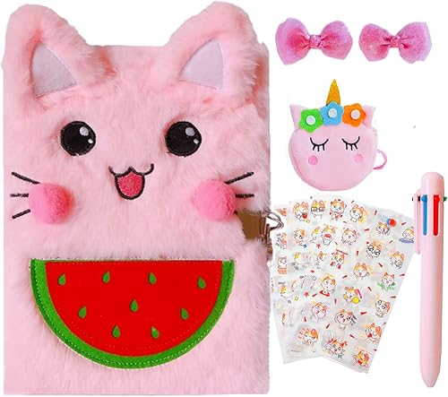 Luolizon Diario de gato con cerradura de 6 piezas para niñas, juego de regalo de diario cerrado para escribir y dibujar, diario secreto de felpa con