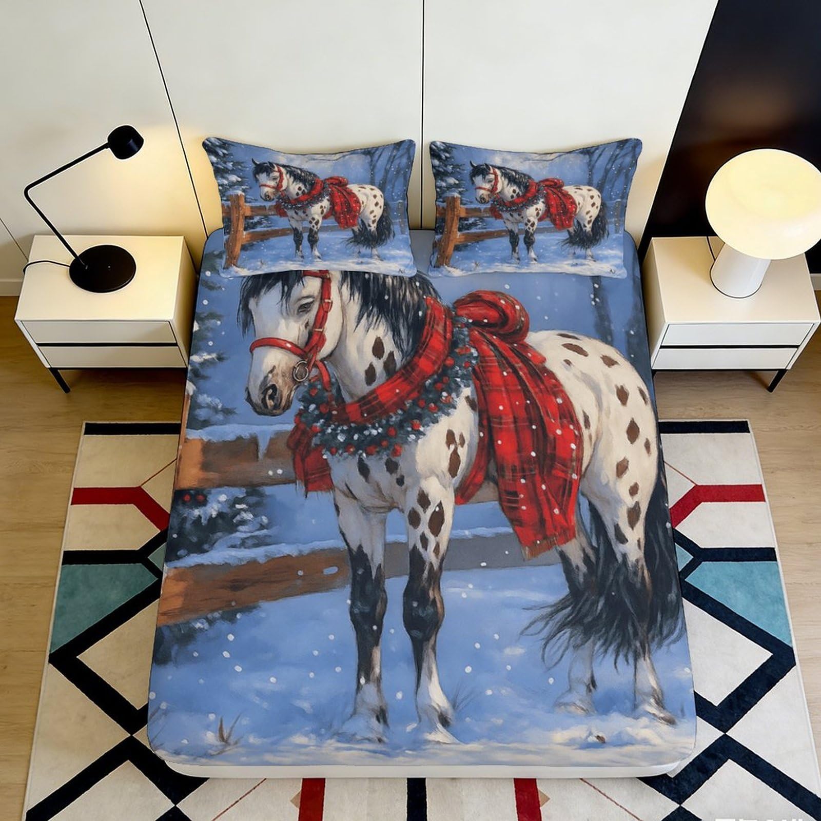 3D Printed Winter Horse Fitted Sheet Microfiber Soft Breathable Snow Scene Bed Cover for Bedroom Guestroom Decor 90x200x25cm