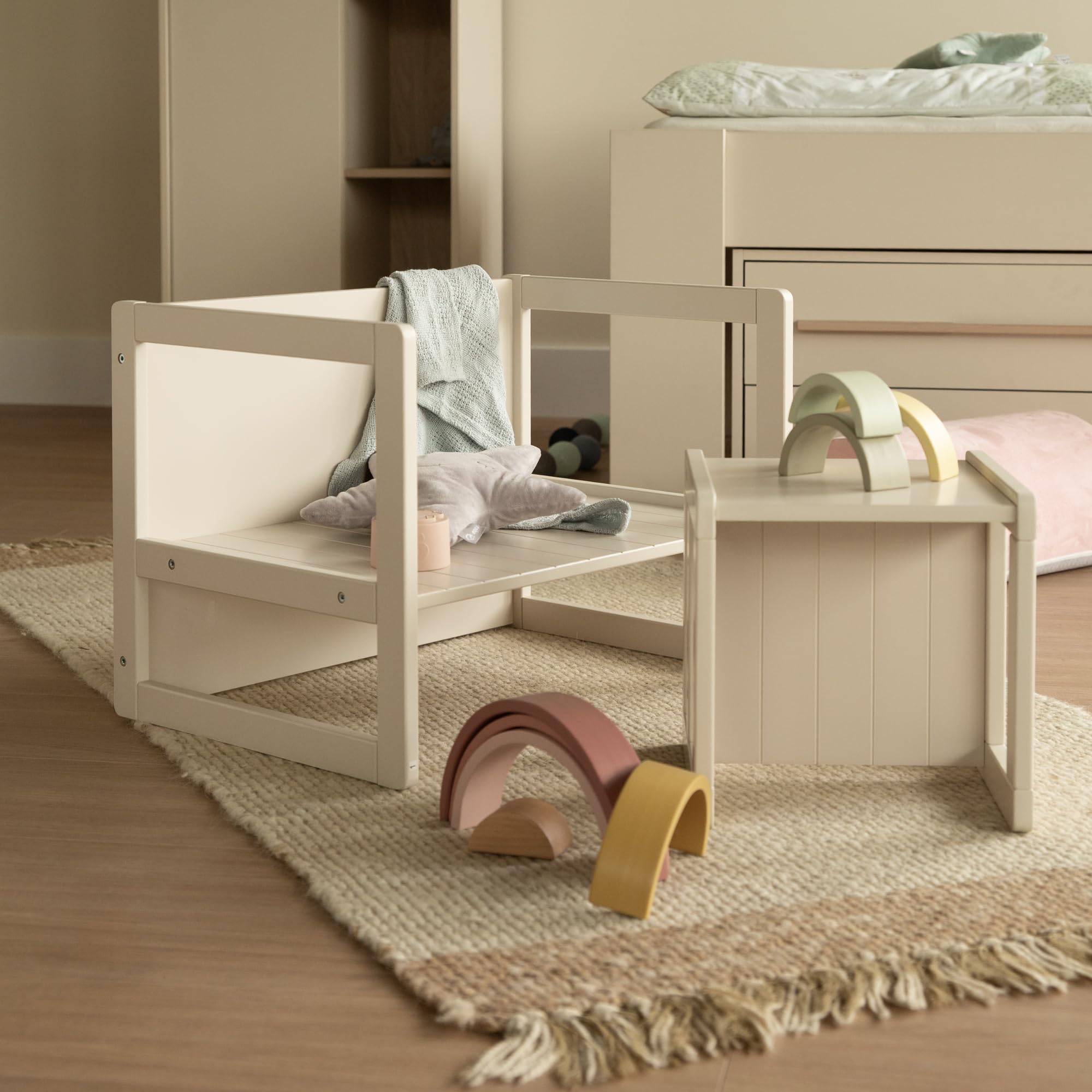 roba Sitzbank für Kinder im Landhausstil - Bank zum Wenden mit 2 Sitzhöhen - als Kindertisch verwendbar - Holz beige/Cashmere