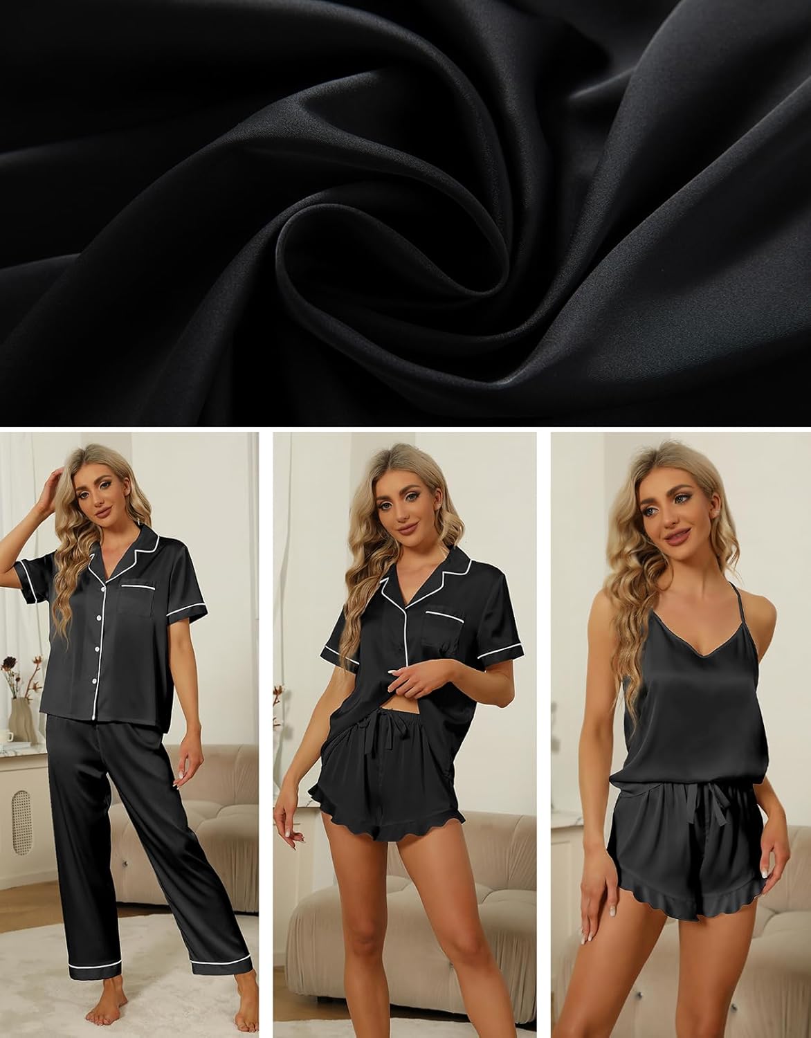 SAPJON Silk Pajamas for Women Set 4Pcs Ruffled Satin Pajamas Set Button Down Short Sleeve Cami Shorts Sleepwear Pj Set - Image 2