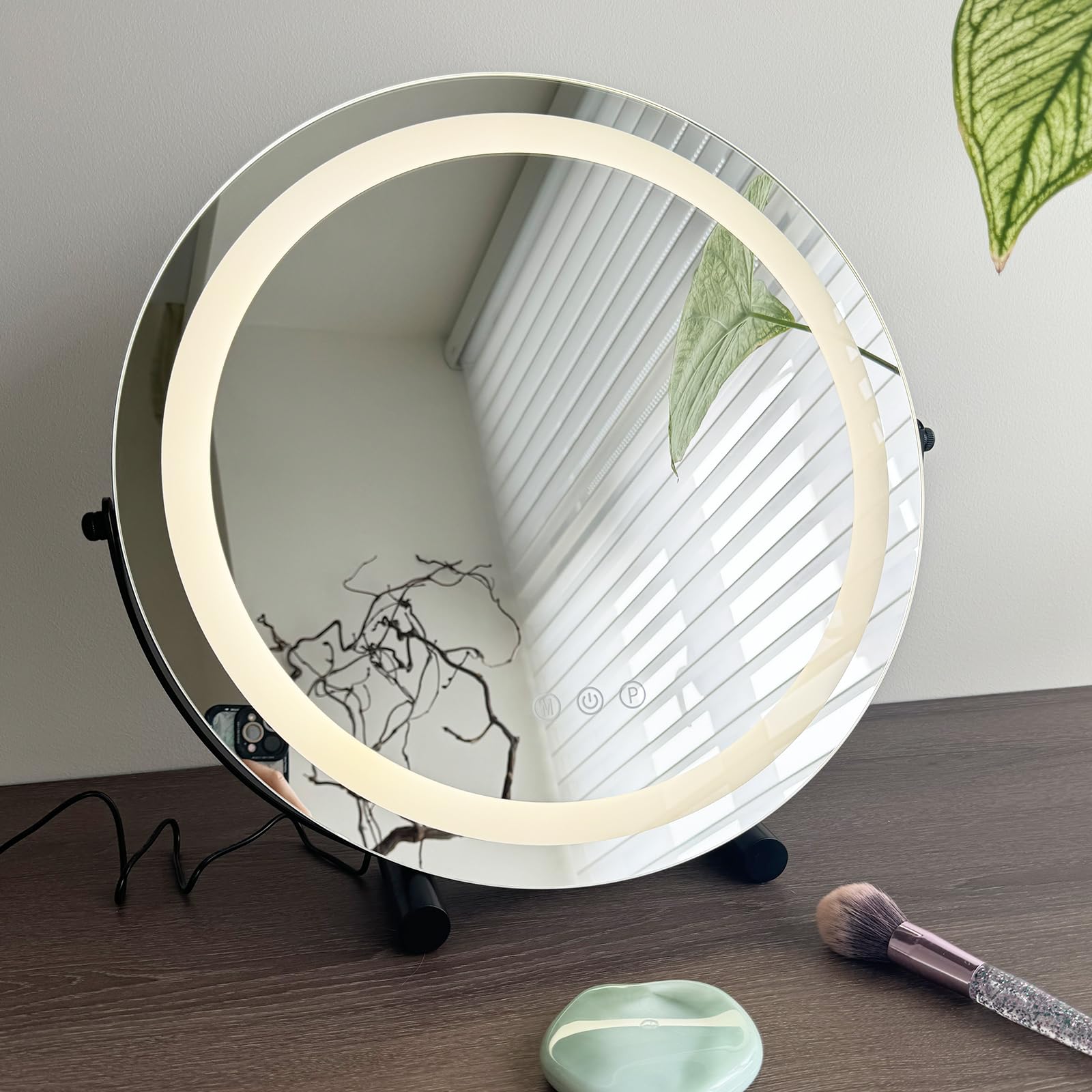 DaizySight Grande Espejo Maquillaje con Luz para Tocador, Espejo Flamingueo con Luces Incorporada, Vanity Mirror con Iluminación LED, 3 Colores de Luz Ajustables, Giratorio 360° (50 cm, Negro)