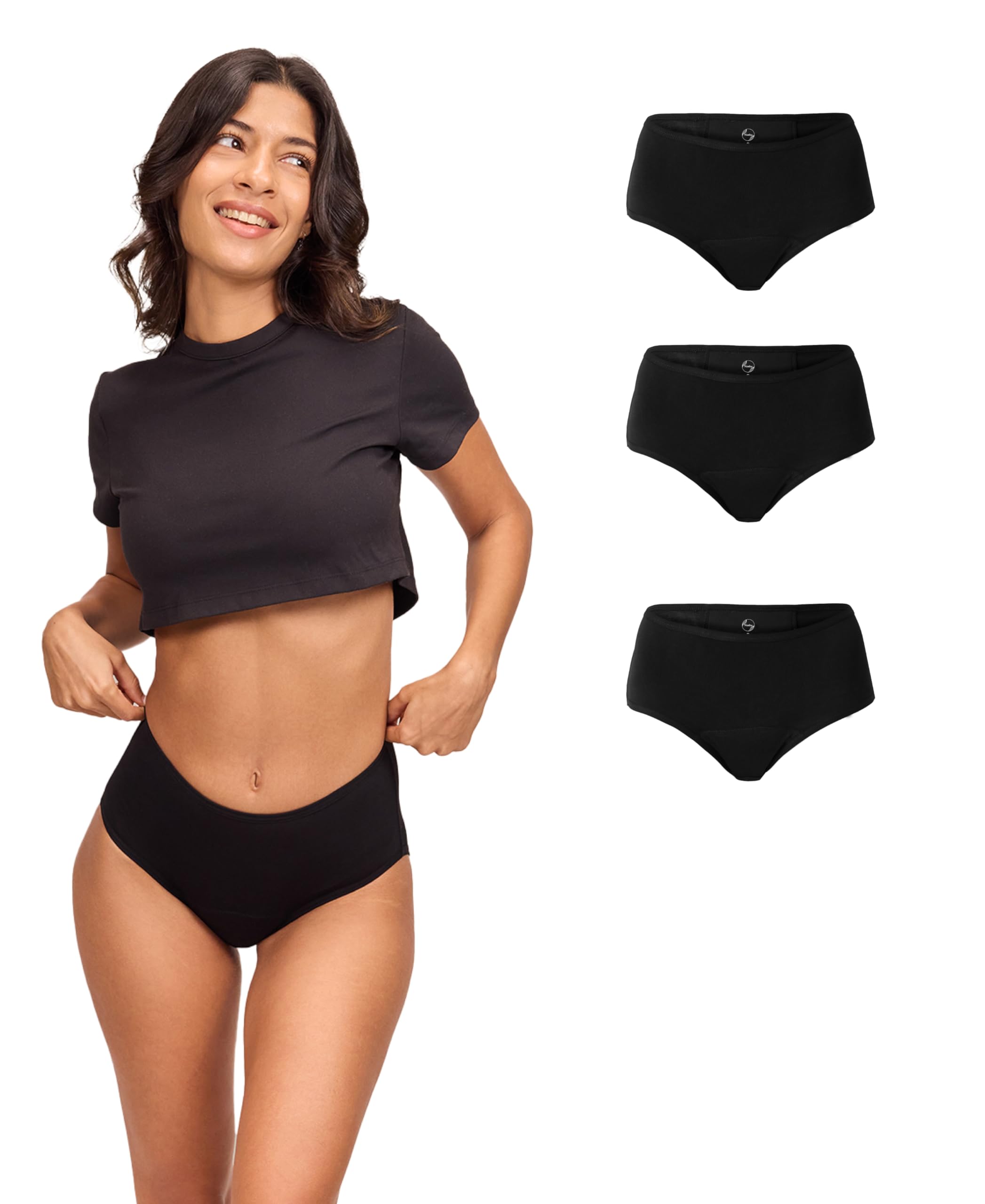Hip Hugger Period Panty for Women & Girls - Leak Proof & Reusable Underwear - for Super Heavy Flow, Absorbs Up to 6 Pads - Bamboo Fabric Panty (in, Alpha, L, Regular, 3, Black)-image-0