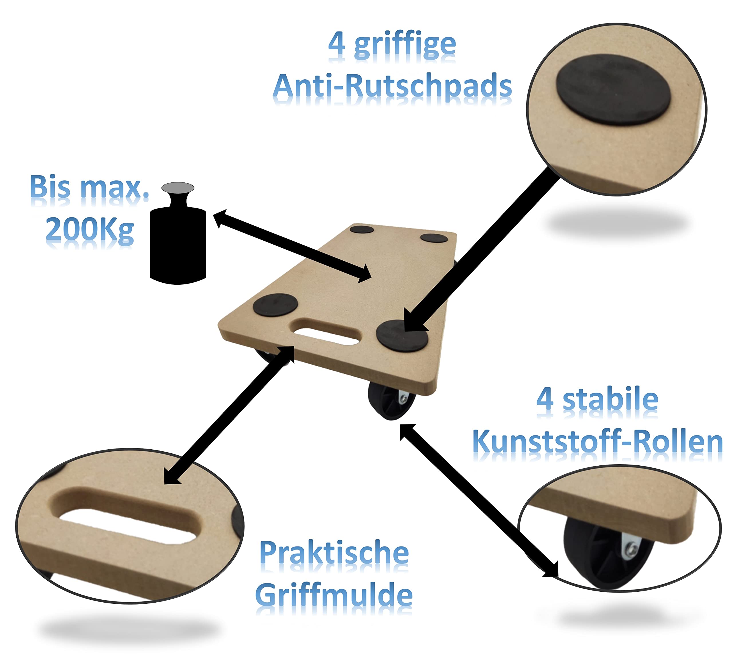 6x HMH-Shop Rollbrett (LxBxH) 58cm x 30cm x 12cm Transportroller MDF Möbelroller Möbelhund Roller bis 200 kg Transportbrett Helfer Umzugshelfer Möbelroller 1,8cm Brettdicke