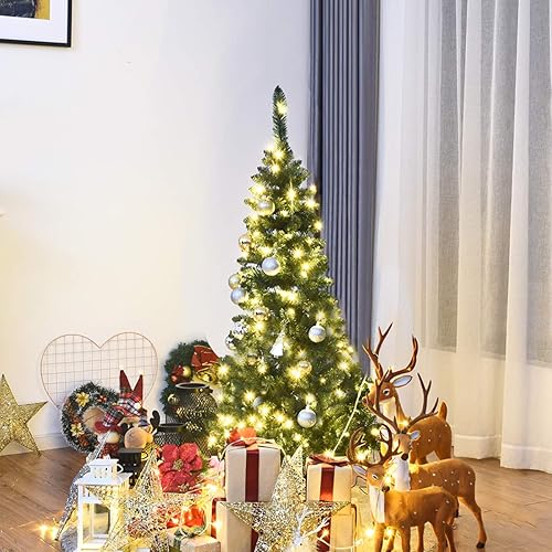 Miniatura 8 de GOFLAME Árbol de Navidad preiluminado, árbol de Navidad artificial delgado con 150 luces LED y soporte de metal sólido, árbol de decoración de
