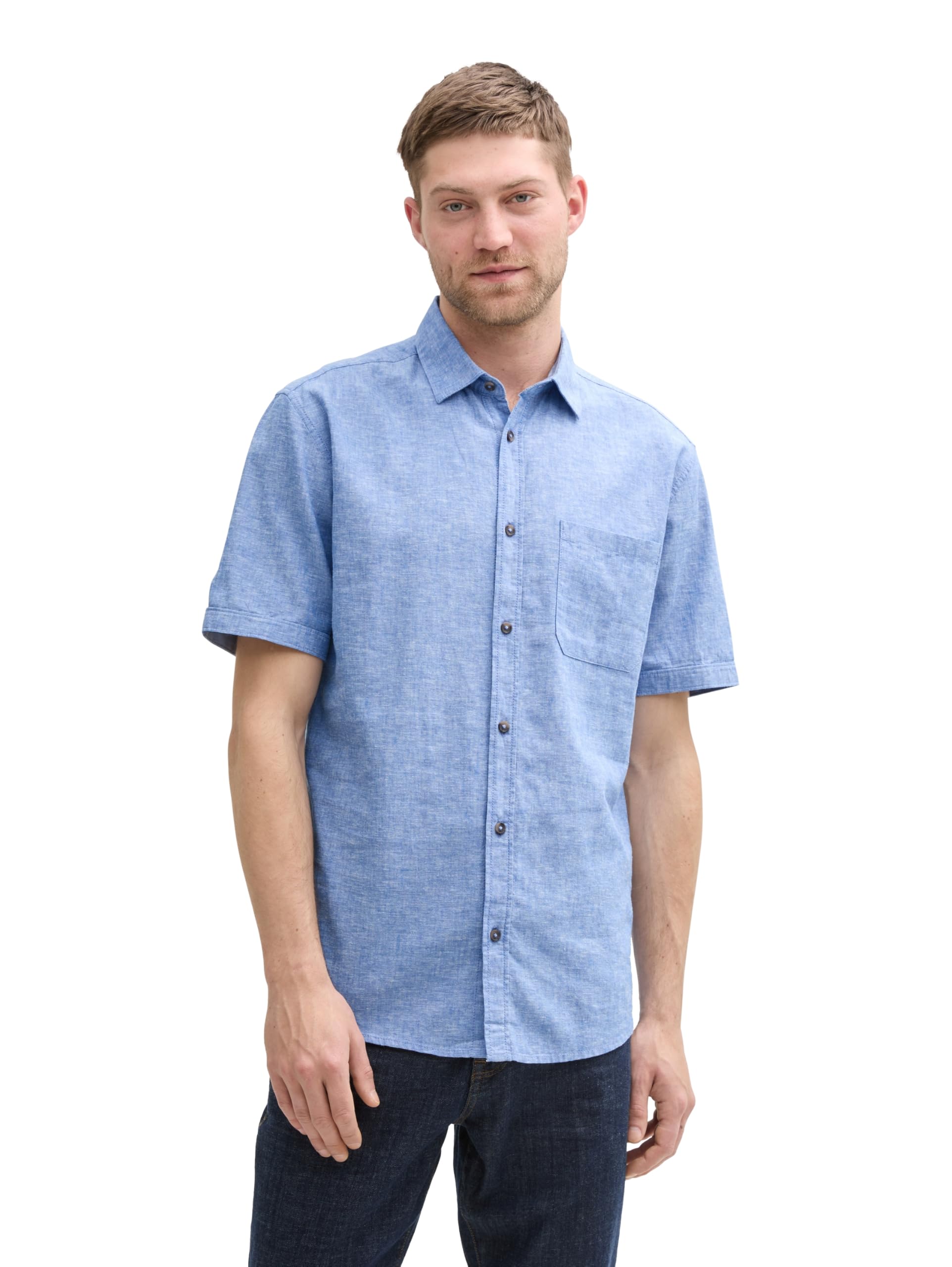 Tom Tailor Herren Regular Fit Kurzarmhemd mit Leinenanteil