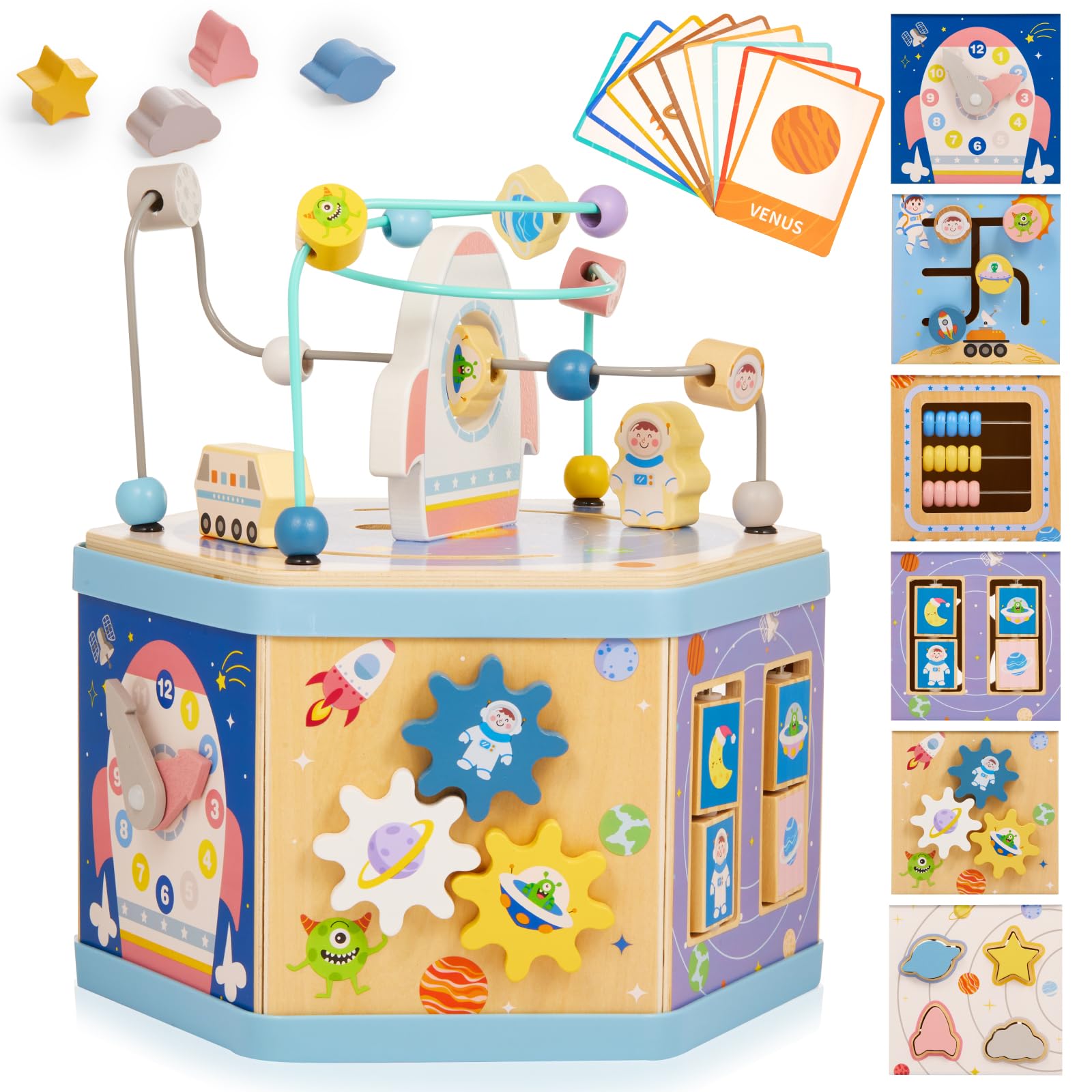 Large Wooden Space Activity Cube Toys, 9-in-1 Early Educational Montessori Learning Toys for 2 3 4 Toddlers with Abacus Bead Maze for 24+ Months Boys Girls First Birthday