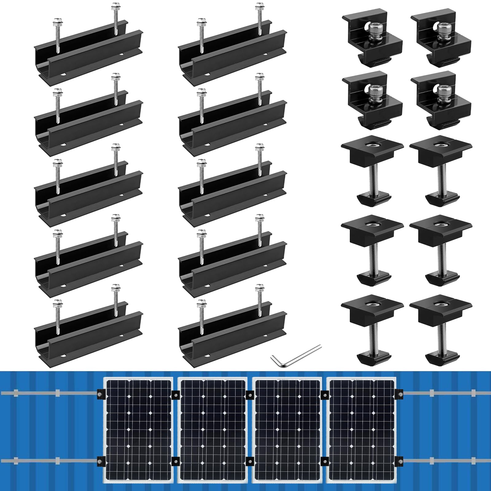 Anbte Solar Panel Mounting Brackets, Included 10 x 4.72 in Rails + 4 end Clamps + 6 Center Clamps + 1 Wrench, Aluminum Solar Mounting Kit for 4 Panels, Waterproof, for Roof, RV, Boat, Black-image-18