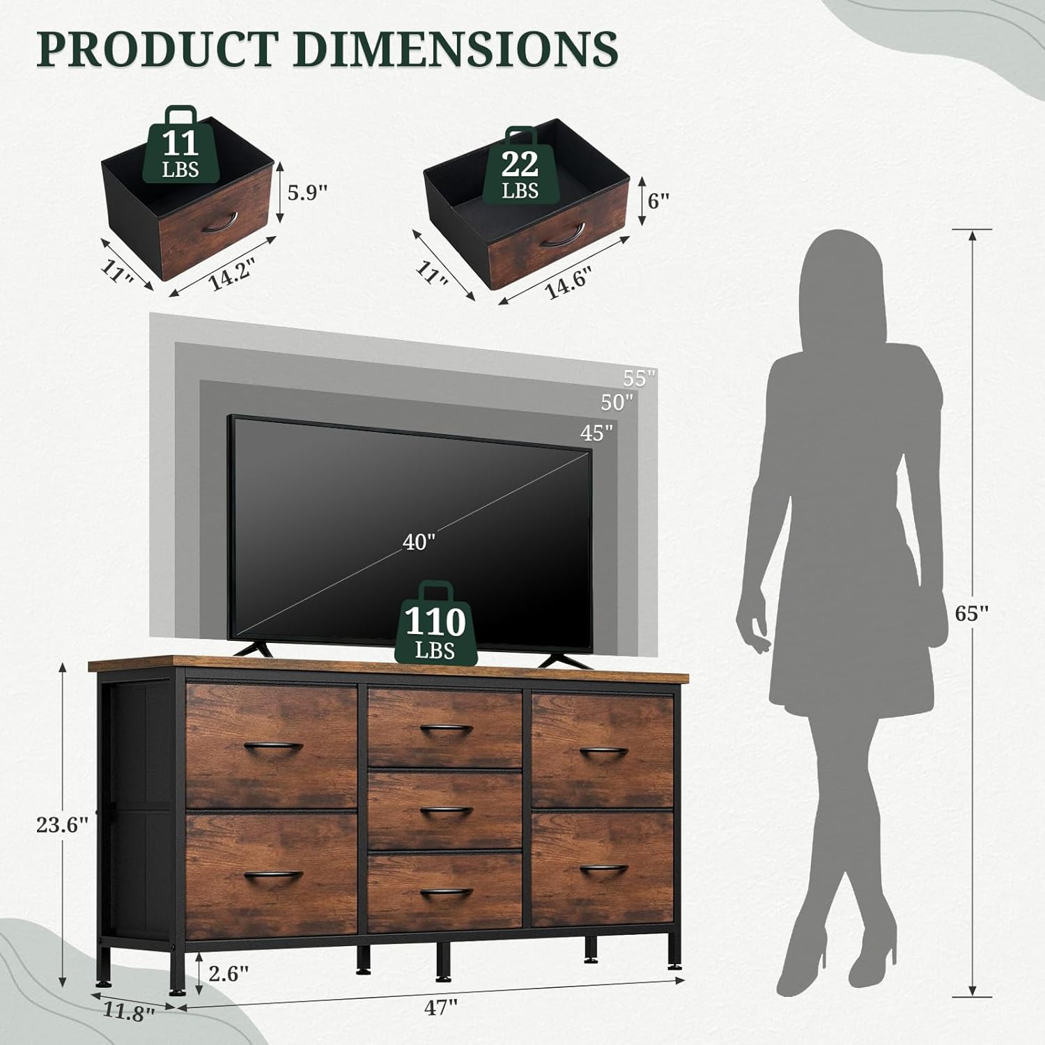 TV Stand, 7 Fabric Drawers Dresser Entertainment Center for TV up to 55 inch Wooden Media Console Table Storage Organizer for Living Room, Bedroom, Brown