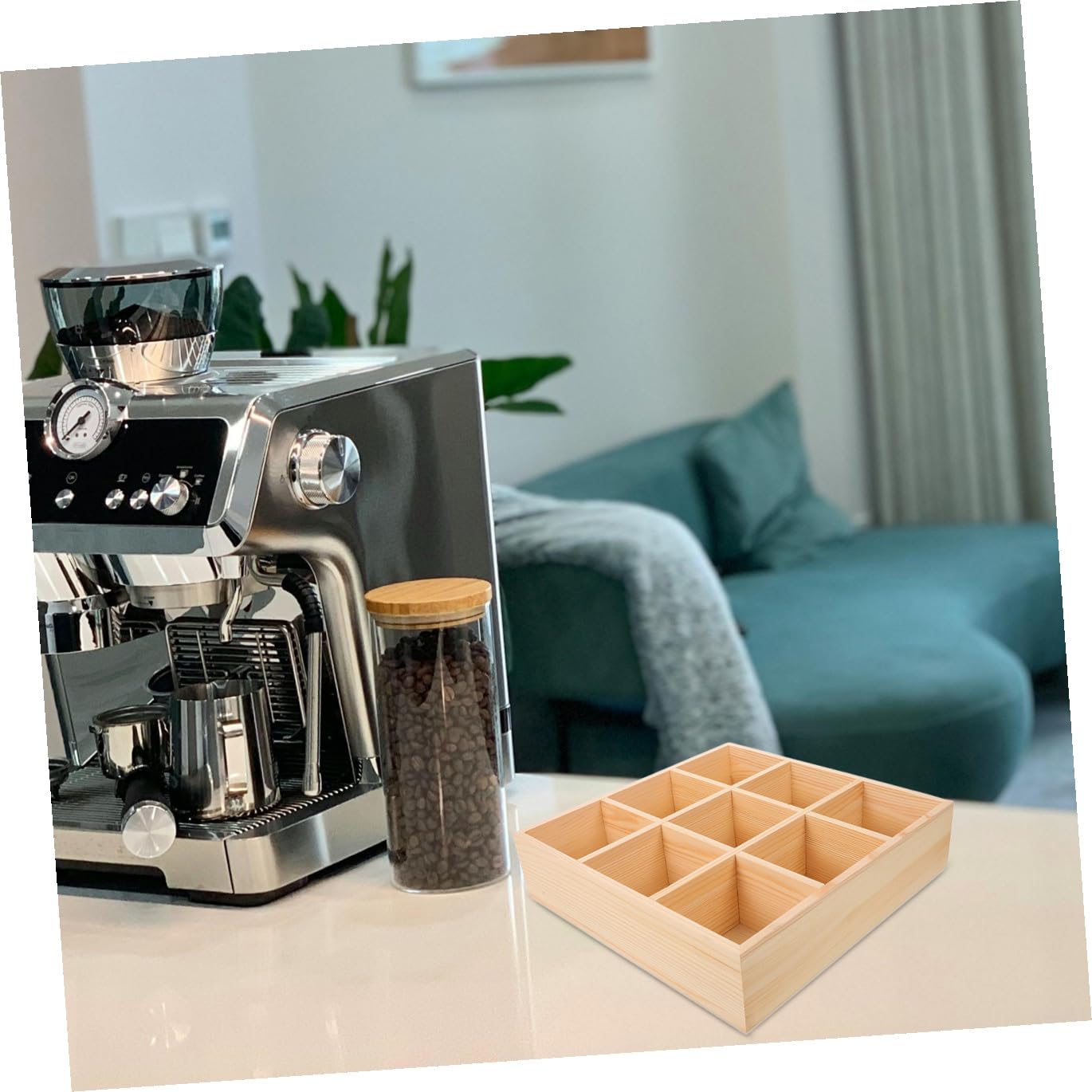 jojofuny Teebox aus Holz mit 9 Fächern Teebeutelhalter und Zuckerpäckchen Aufbewahrungsbox Multifunktionaler Küchenorganizer für Kaffee und Snacks