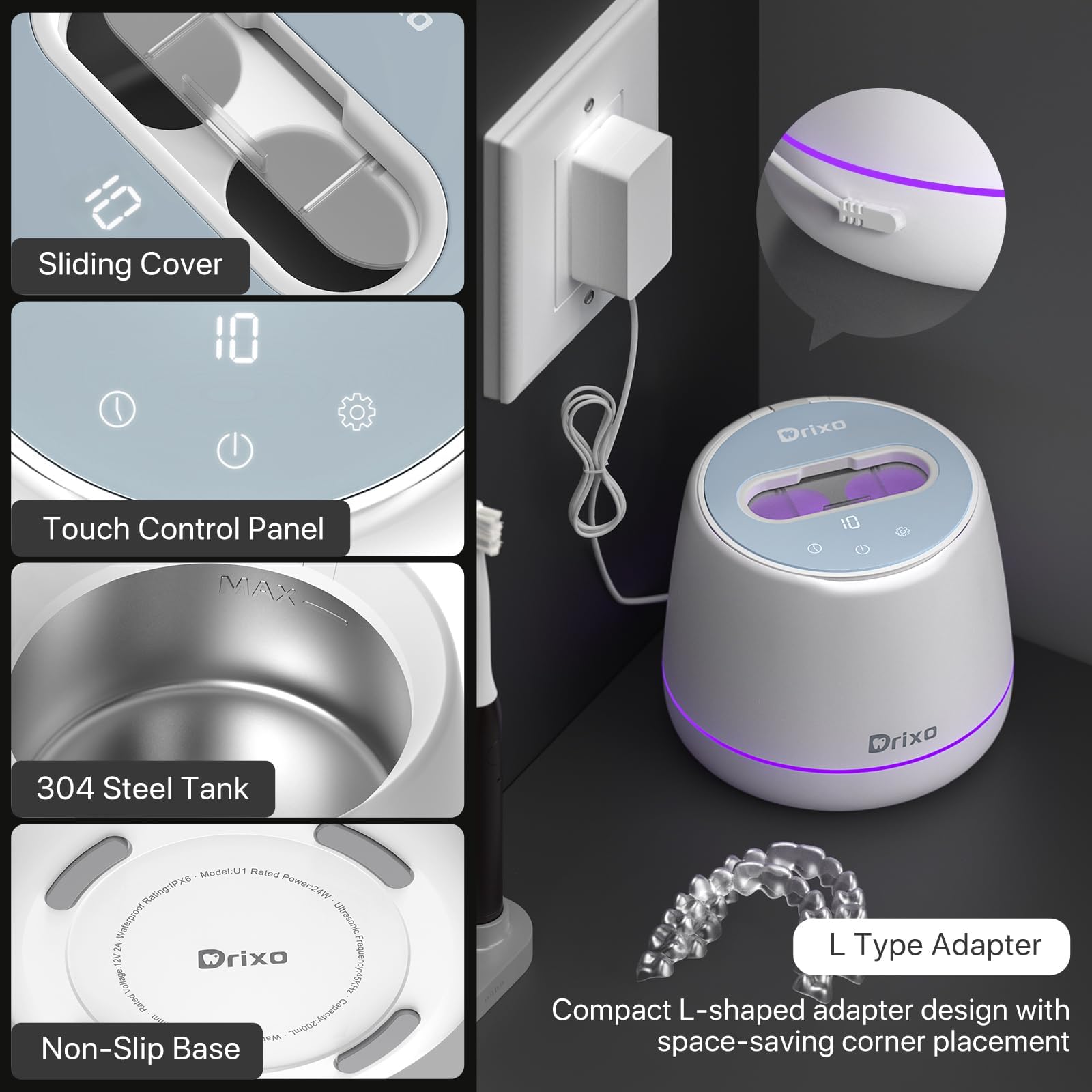 Drixo Limpiador Ultrasonidos Dental y Férula, 45kHz 24W Ultrasonic Cleaner, Máquina 200ML para Alineadores Invisibles, Retenedores, Dentaduras y Brackets, IPX6 Impermeable, 9 Modos, Marfil