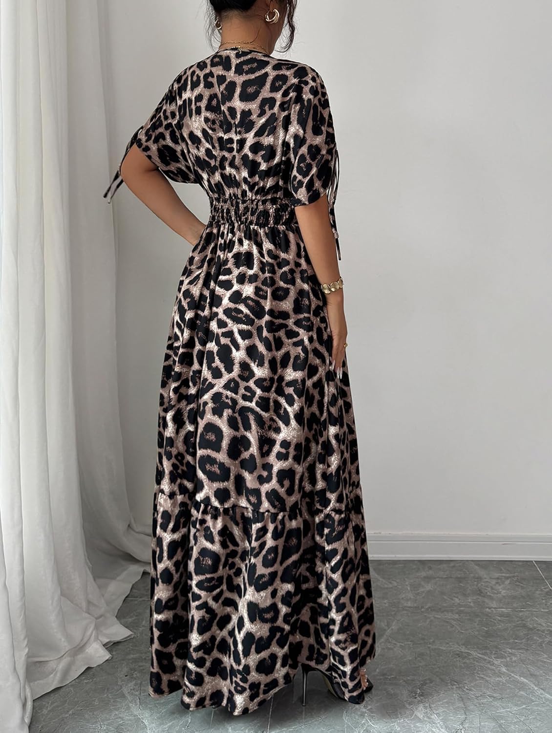 OYOANGLE Women's Summer Casual Bohemian Leopard Print Short Sleeve V Neck Cheetah Long Maxi Dress - Image 2