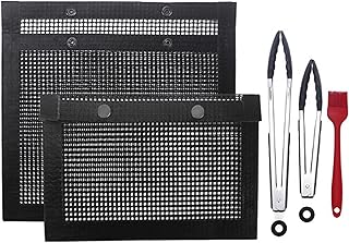 QILIN Sacs À Grillades en Filet pour Barbecue, Tapis De Grillades Antiadhésifs Et Réutilisables avec Une Brosse À Huile Et Deux Pinces Alimentaires, Faciles À Nettoyer, Accessoires De Barbecue, Noir