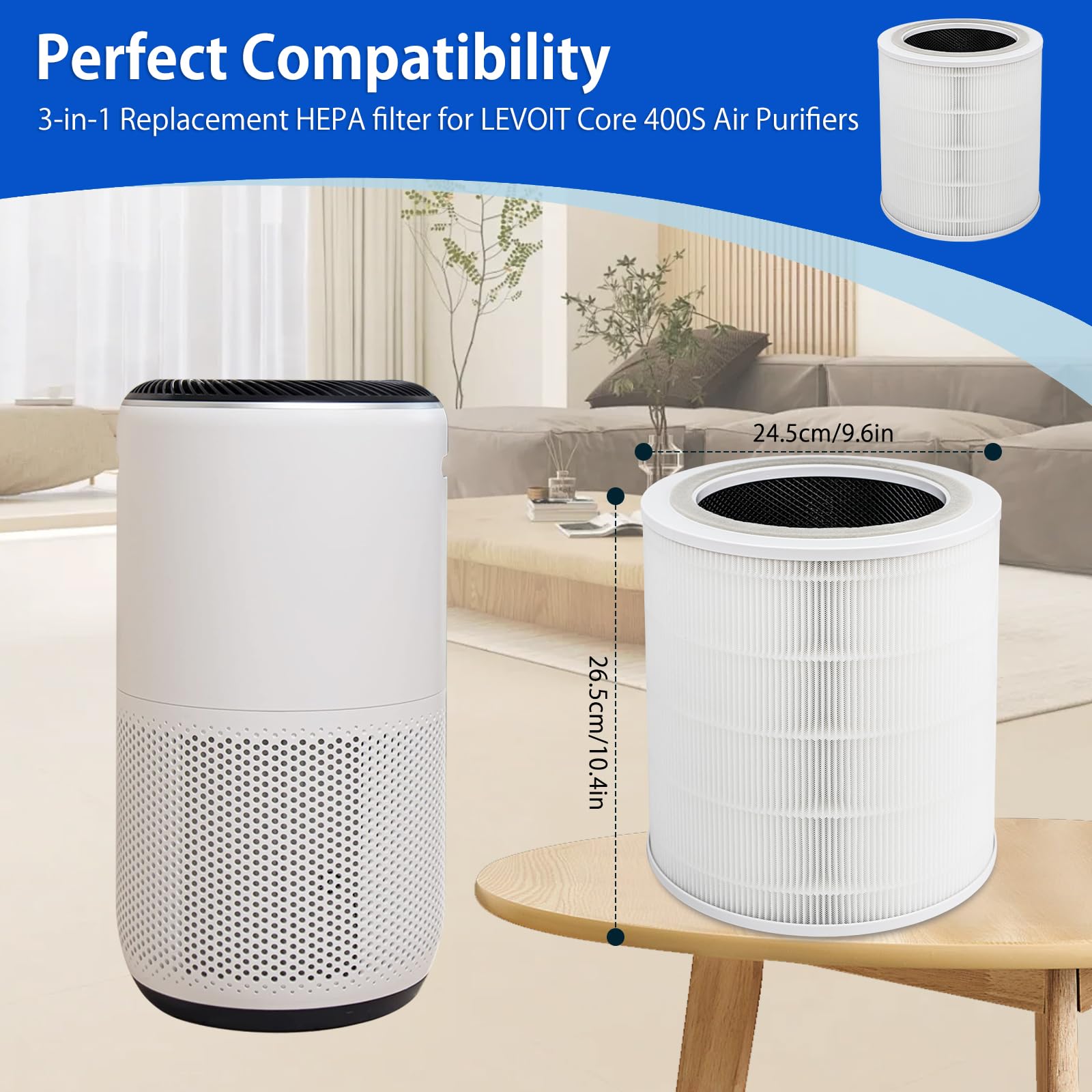 Carmerny Core 400S H13 True HEPA Replacement Filter Compatible with LEVOIT Core 400S Smart WiFi Air Cleaner Purifier, Core 400S-RF-PA (LRF-C401-YUS), 3-in-1 Activated Carbon Pre-Filter 2 Pack, White