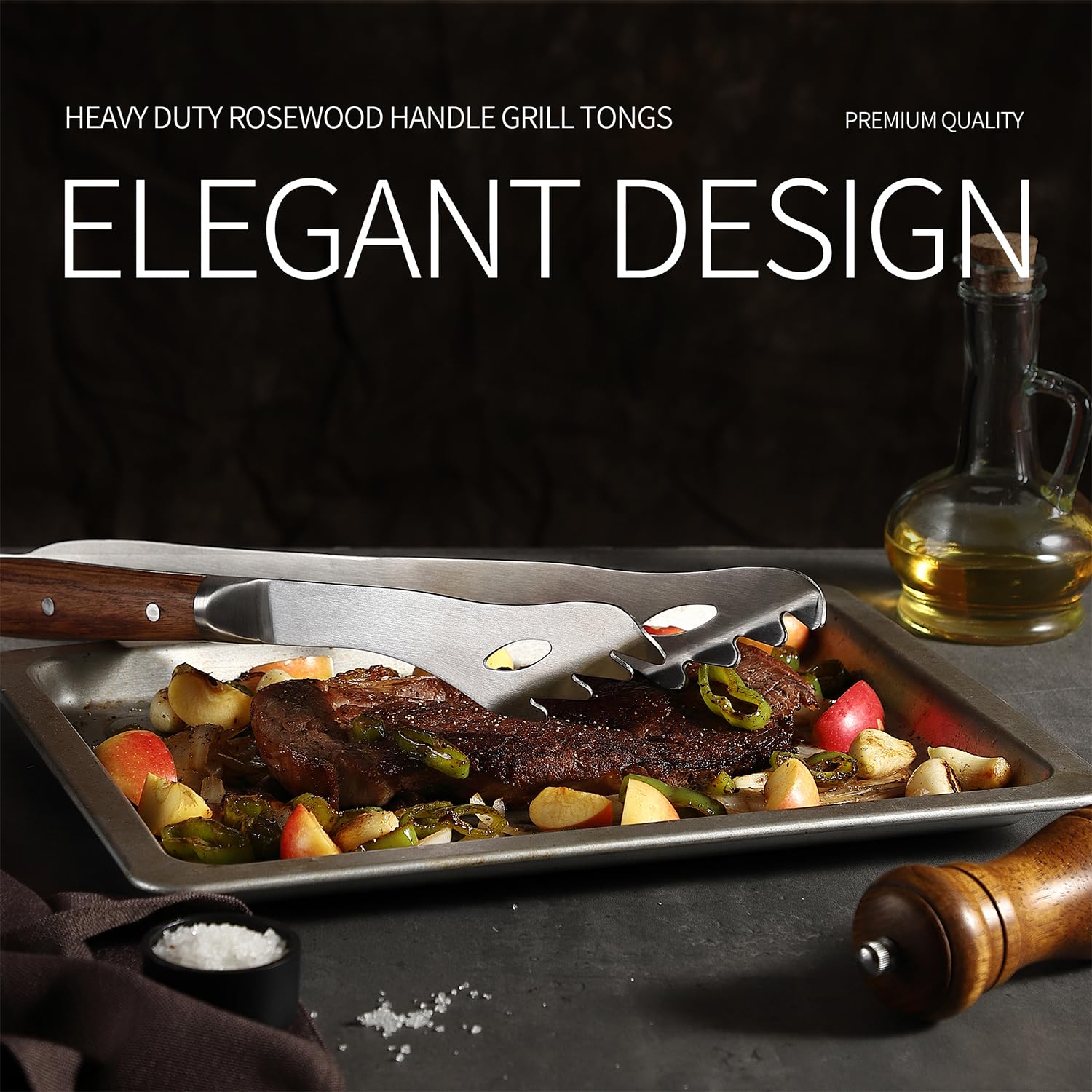 GRILLGEN Wytrzymałe szczypce do grilla z palisandru, długość 42 cm, szczypce do grilla premium do grillowania na zewnątrz, niezbędne akcesoria do grilla i grilla, najlepszy prezent