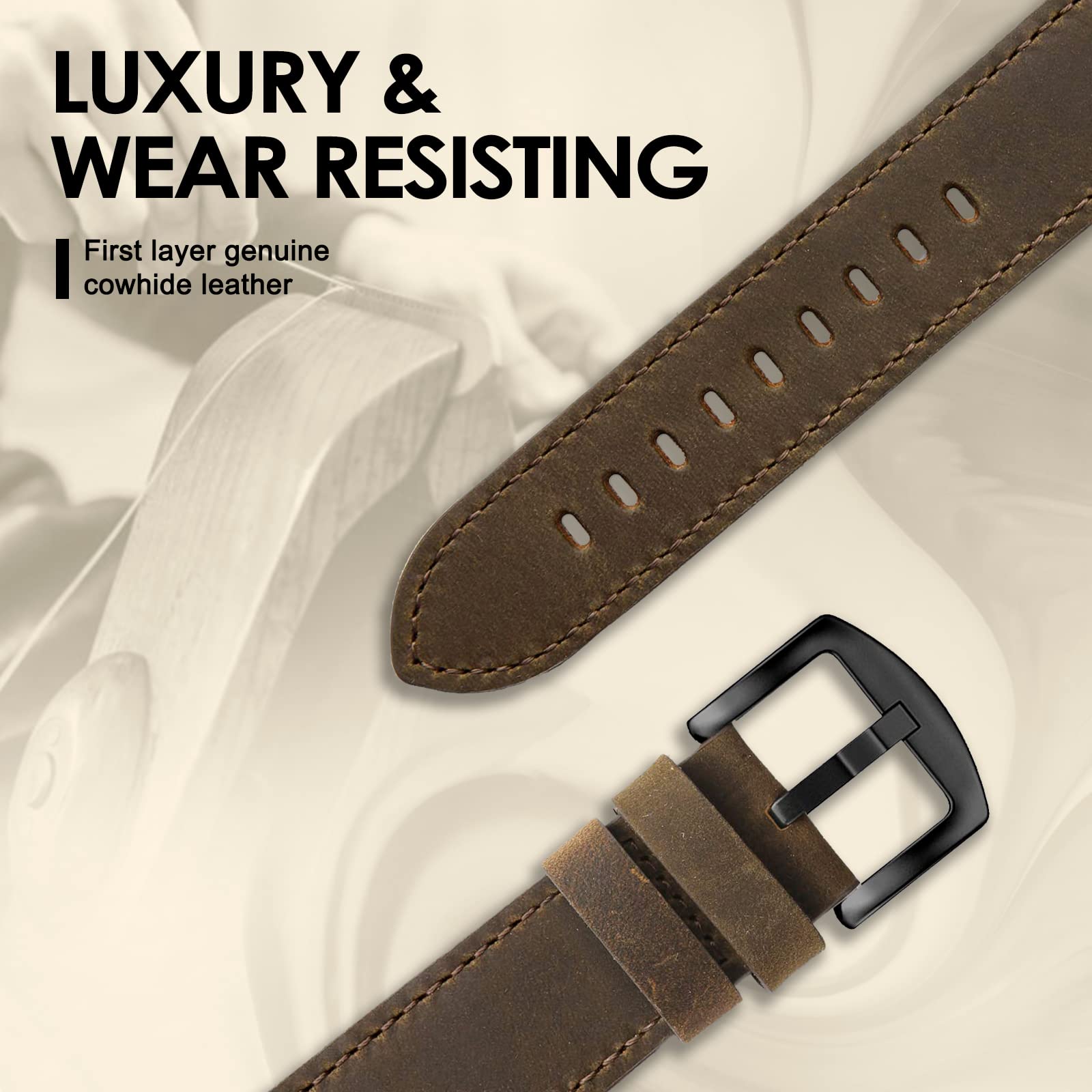 Tuocal Genuine Leather Strap Compatible with Apple Watch 42mm (Series 3/2/1) 44mm 45mm 46mm for Men Women Vintage Leather Straps Compatible with Apple Watch Series 10 9 8 7 6 5 4 3 2 8 SE - Image 3