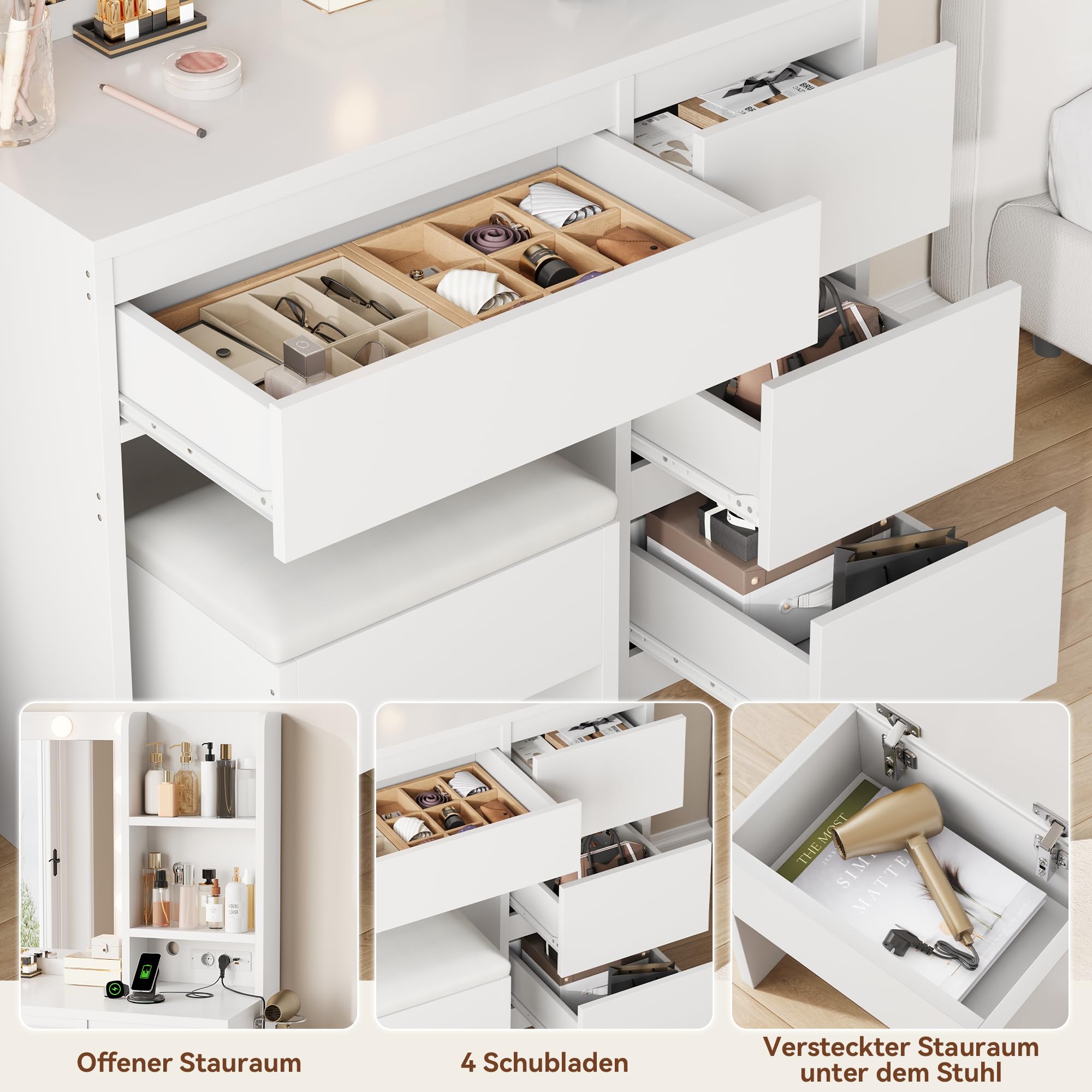Jocoevol Schminktisch mit Spiegel und LED Beleuchtung, 40 x 94 x 140 cm