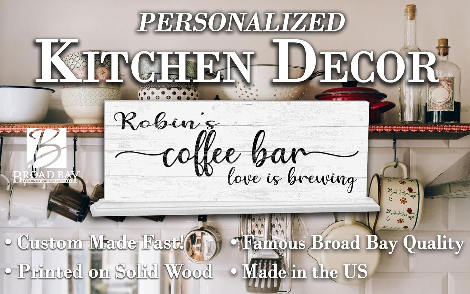Love Is Brewing Coffee Bar Kitchen Sign Custom Name Personalized For Shelf Or Table 16.5 x 6.25 Free Standing