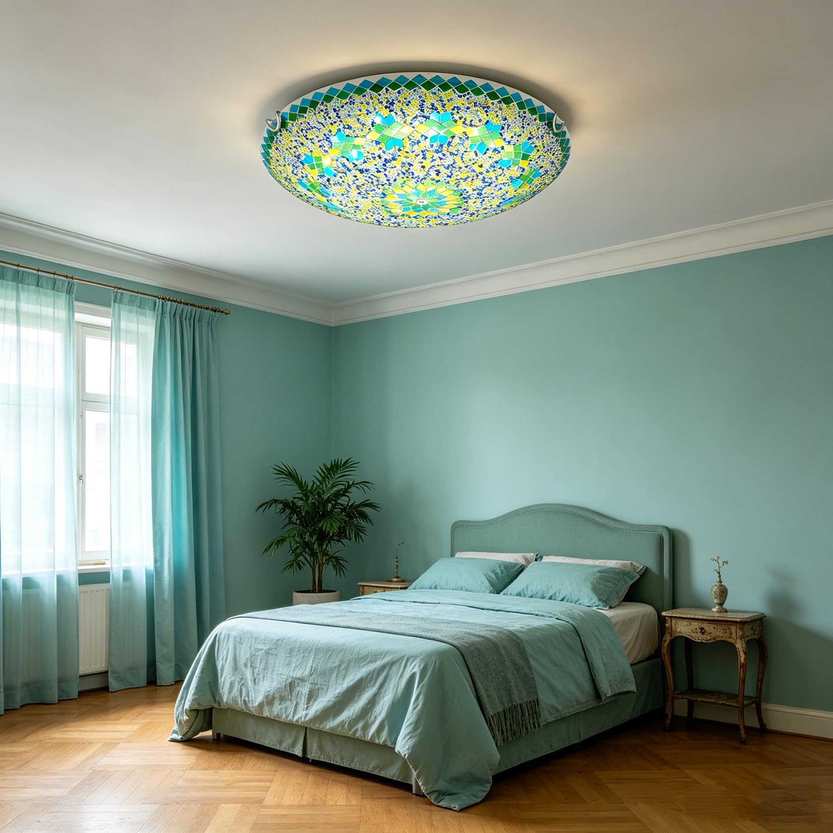 Yjmgrowing Tiffany Style Ceiling Lamp Turkish Mosaic Flush Mount Ceiling Light Handmade Moroccan Green Glass Ceiling Light Fixture for Bedroom Hallway Entryway Dining Room, E26/E27,16inch