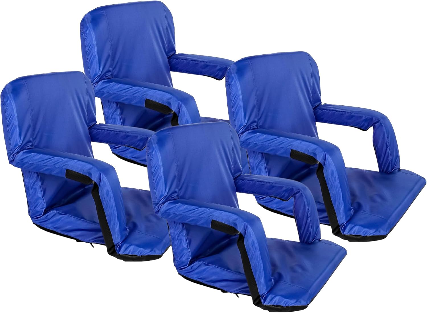 Camco 4 Pack 16” x 20” Portable Reclining Stadium Seat, Foldable Polyester Cushioned Chair with Steel Frame, Back Support, Armrests, and Storage, Blue