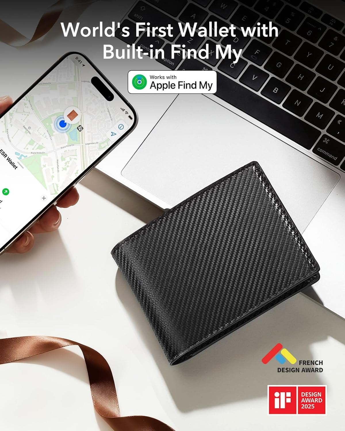 ESR Geo Wallet with Find My, RFID Blocking, Wallet for Men, Wallet Tracker(iOS 14.5 Above Only), Holds 9 Cards and 15 Bills, Replacement for AirTag Wallet, Slim Bifold Card Holder, Carbon Fiber