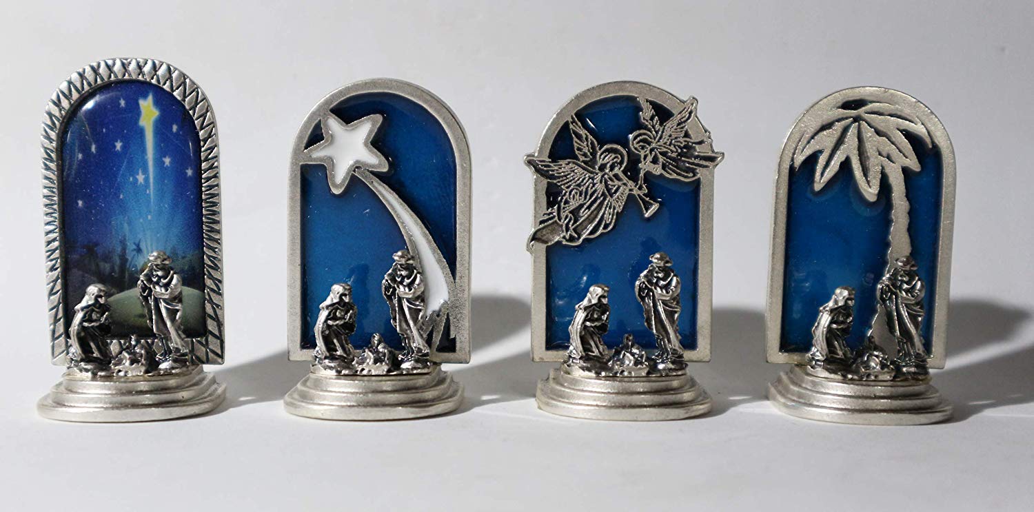 Eurofusioni Crèche de noël Originale Complete - Miniatures à Collectionner en Argent plaqué - Set 4 Nativité: Anges, Ètoile Comète, Palmier, Image - Décoration de Noël