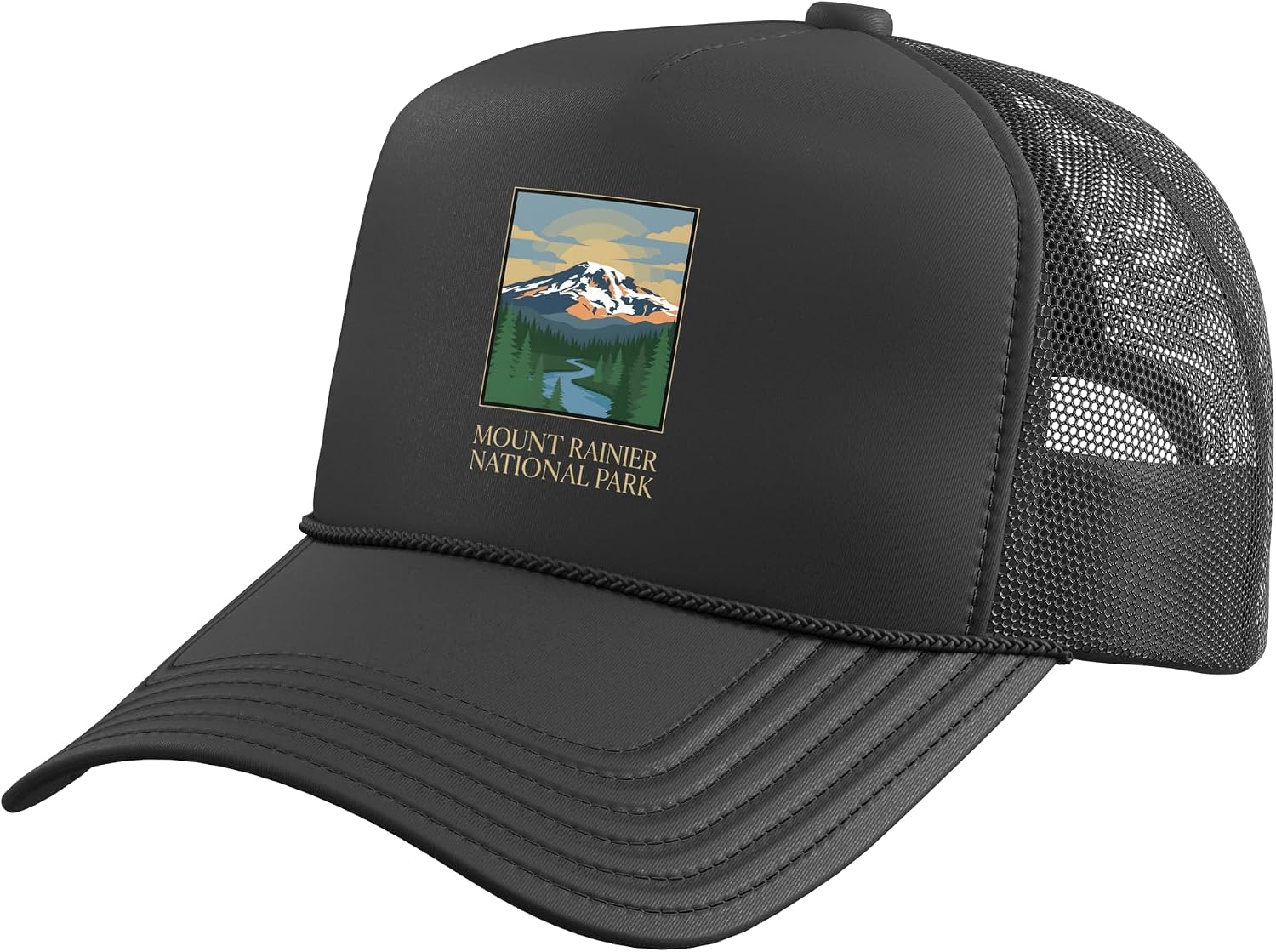 Mount Rainier National Park Washington Mountain Vintage Art Trucker Hat with Adjustable Mesh Back