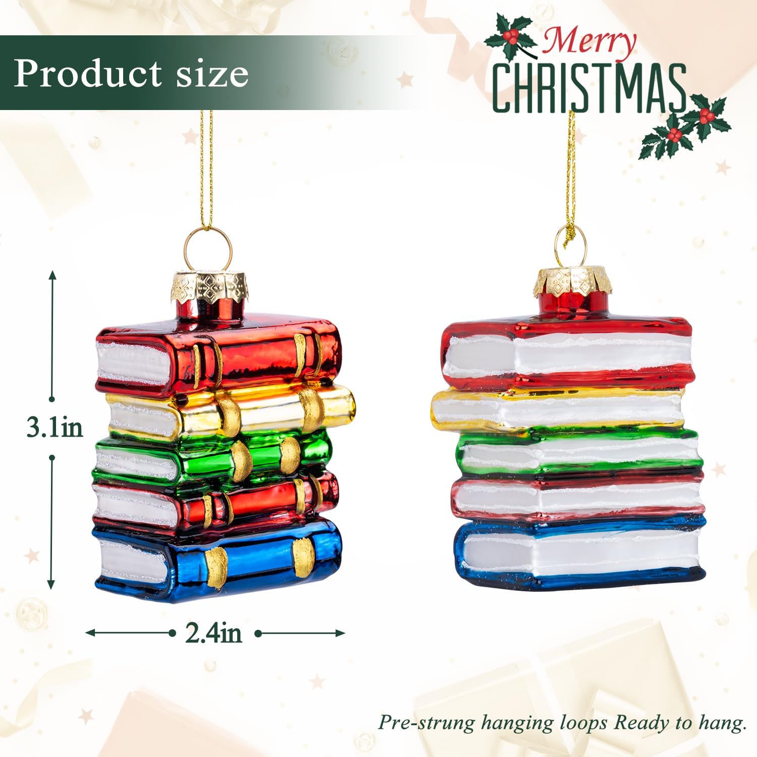 Stack of Books Glass Christmas Ornament, 3.1'' Holiday Hand-Painted Decoration for Teachers, Students, Book Lovers, Library, Classroom Xmas Tree Decor - Image 3