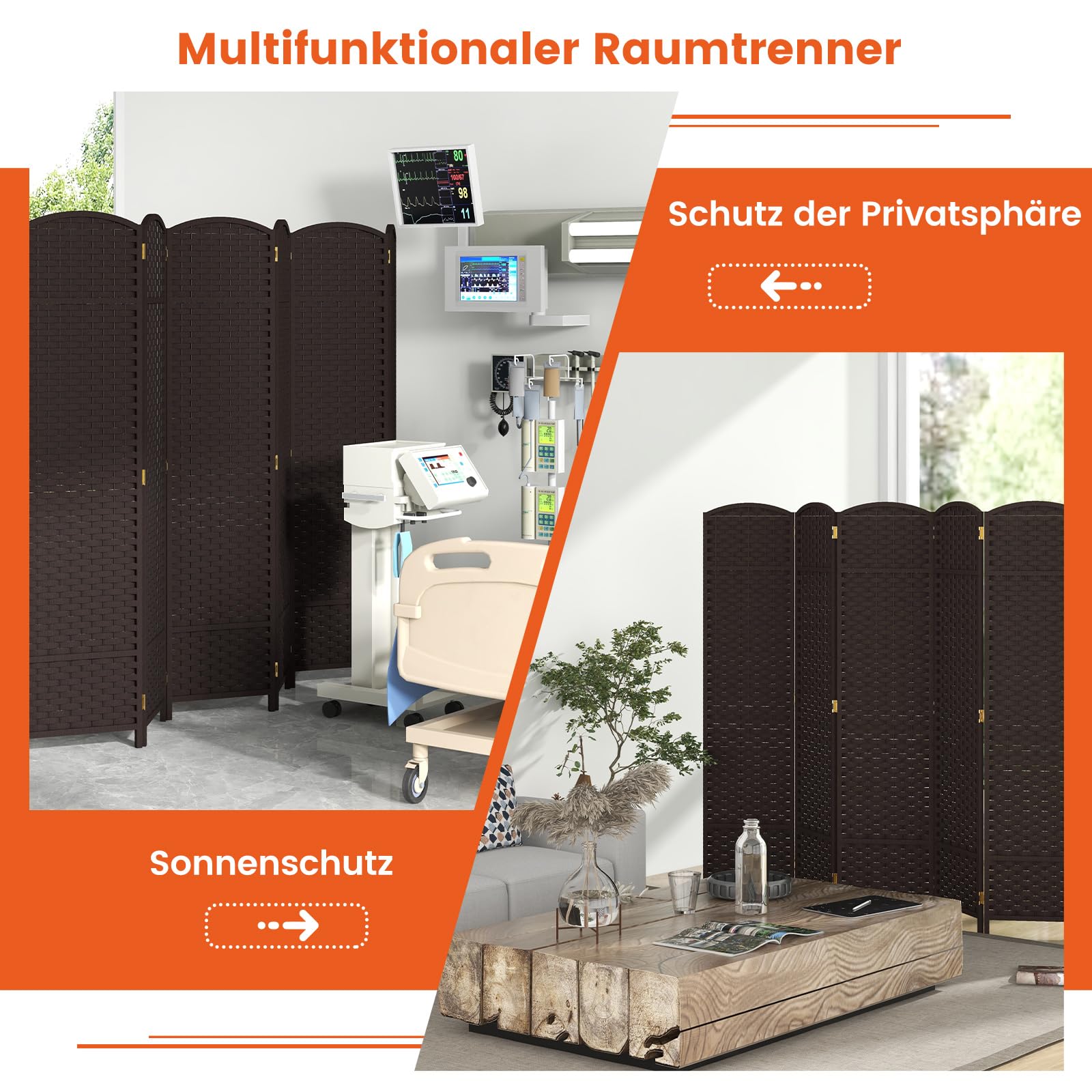 COSTWAY Paravent 240x170 Cm - Opvouwbare Scheidingswand Hout Zwart