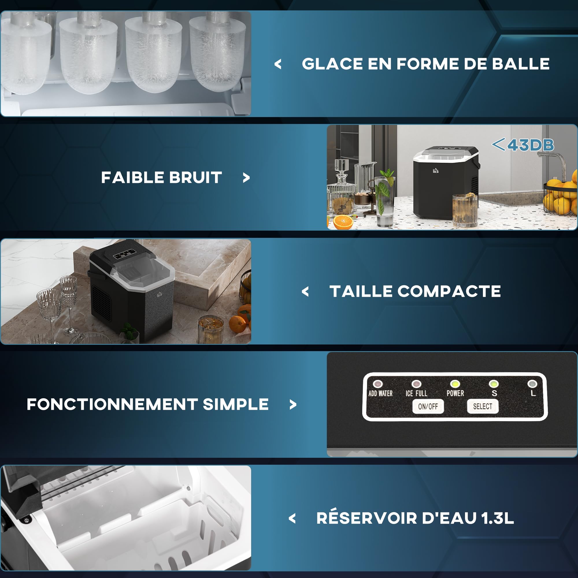 HOMCOM Machine à glaçons autonettoyante, 12kg en 24h, 9 glaçons en 6-13 minutes, ice maker Portable Avec Poignée, panier et pelle, pour la maison/cuisine/camping, noir