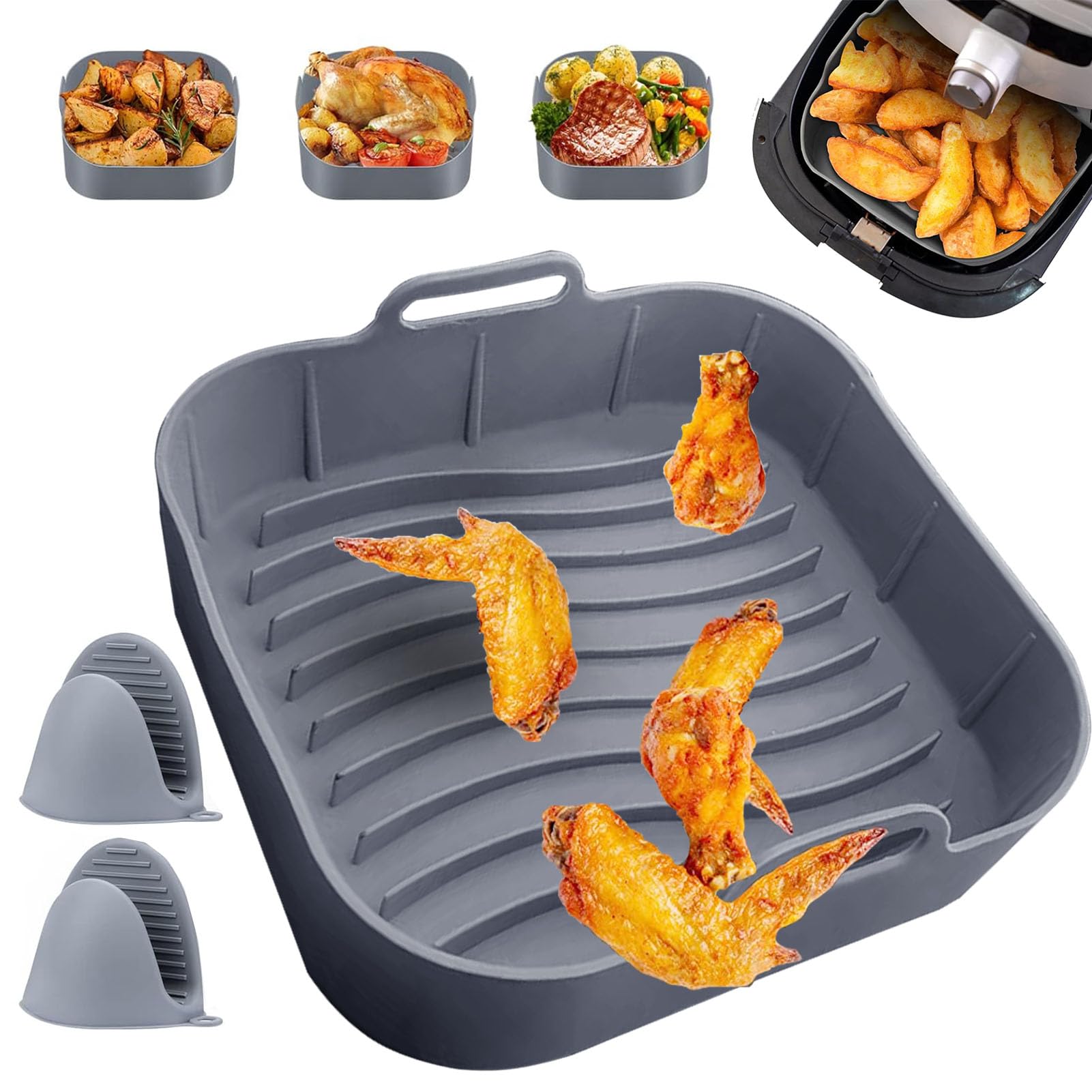 Siliconen vorm voor heteluchtfriteuse, 20 cm, siliconen pot, herbruikbare luchtfriteuse, siliconen pan met twee ovenhandschoenen, hittebestendig, eenvoudige reiniging, voor magnetron, ovenaccessoires