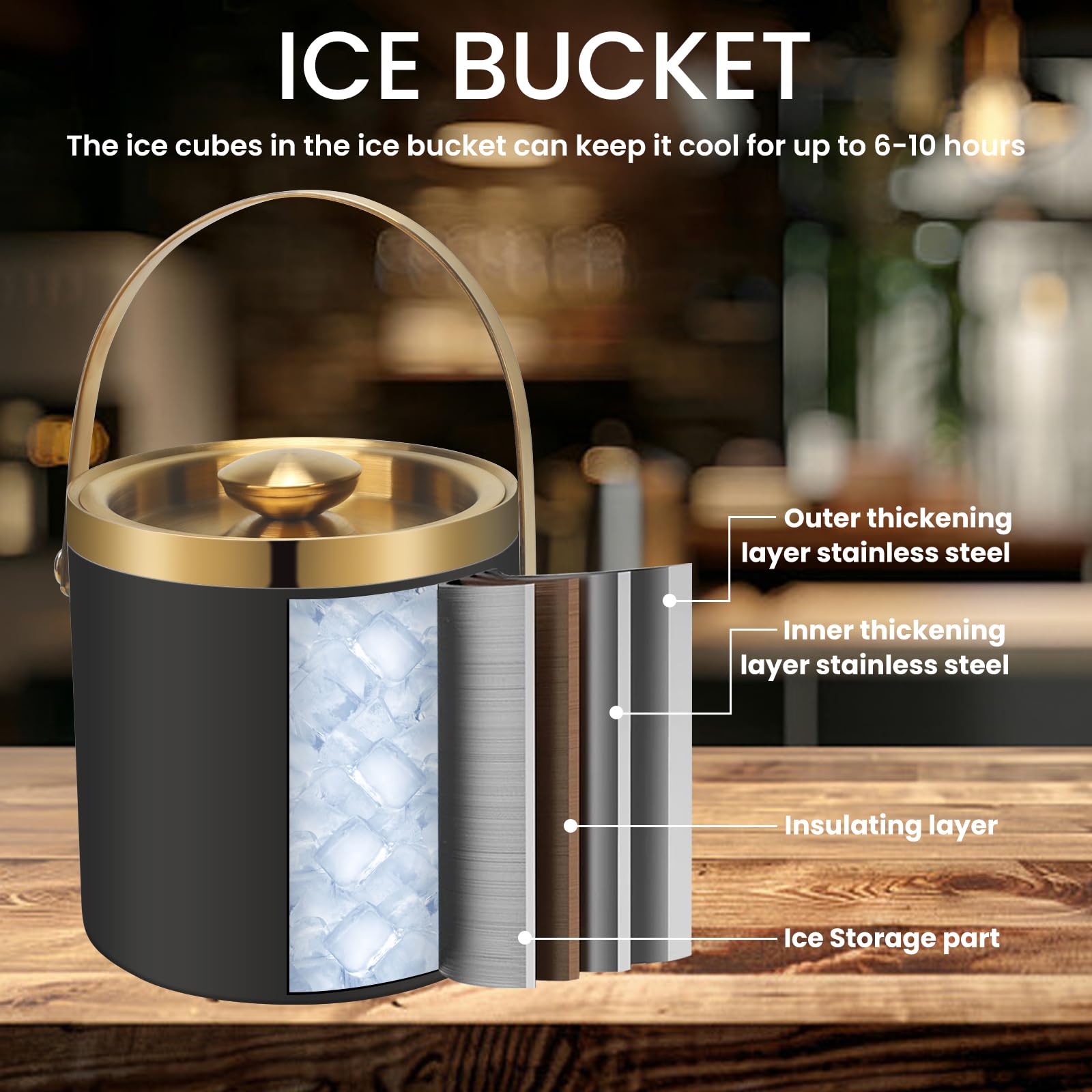 Seau à glace 2 L avec couvercle et pince, double paroi isotherme petit seau à glace | Seau à champagne en acier inoxydable pour fêtes, bars, restaurants, barbecues, noir et doré avec cuillère et passoire