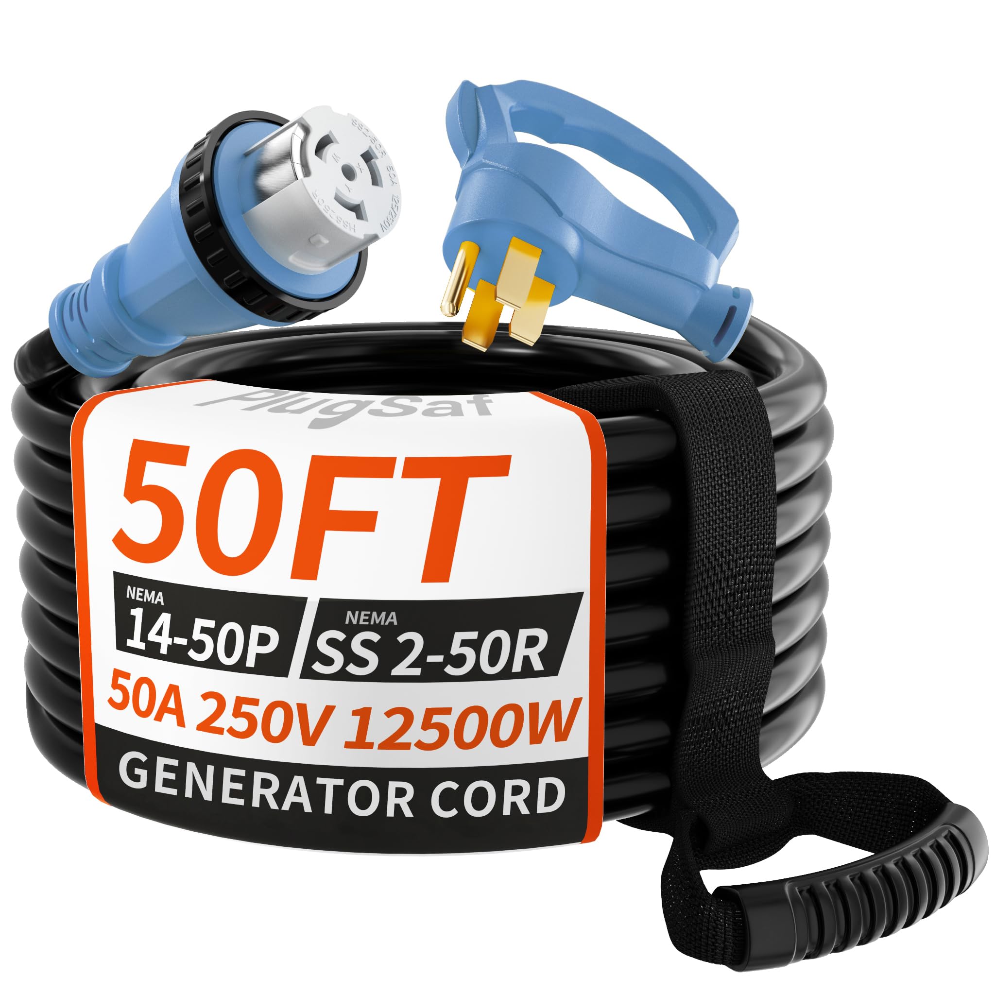 Photo 1 of PlugSaf 50 Amp Generator Cord, 50FT 50 Amp RV Extension Cord with Twist Lock, Generator Cable 50A 4 Prong Blue, NEMA 14-50P/SS2-50R Heavy Duty STW Wire for RV Camper & House