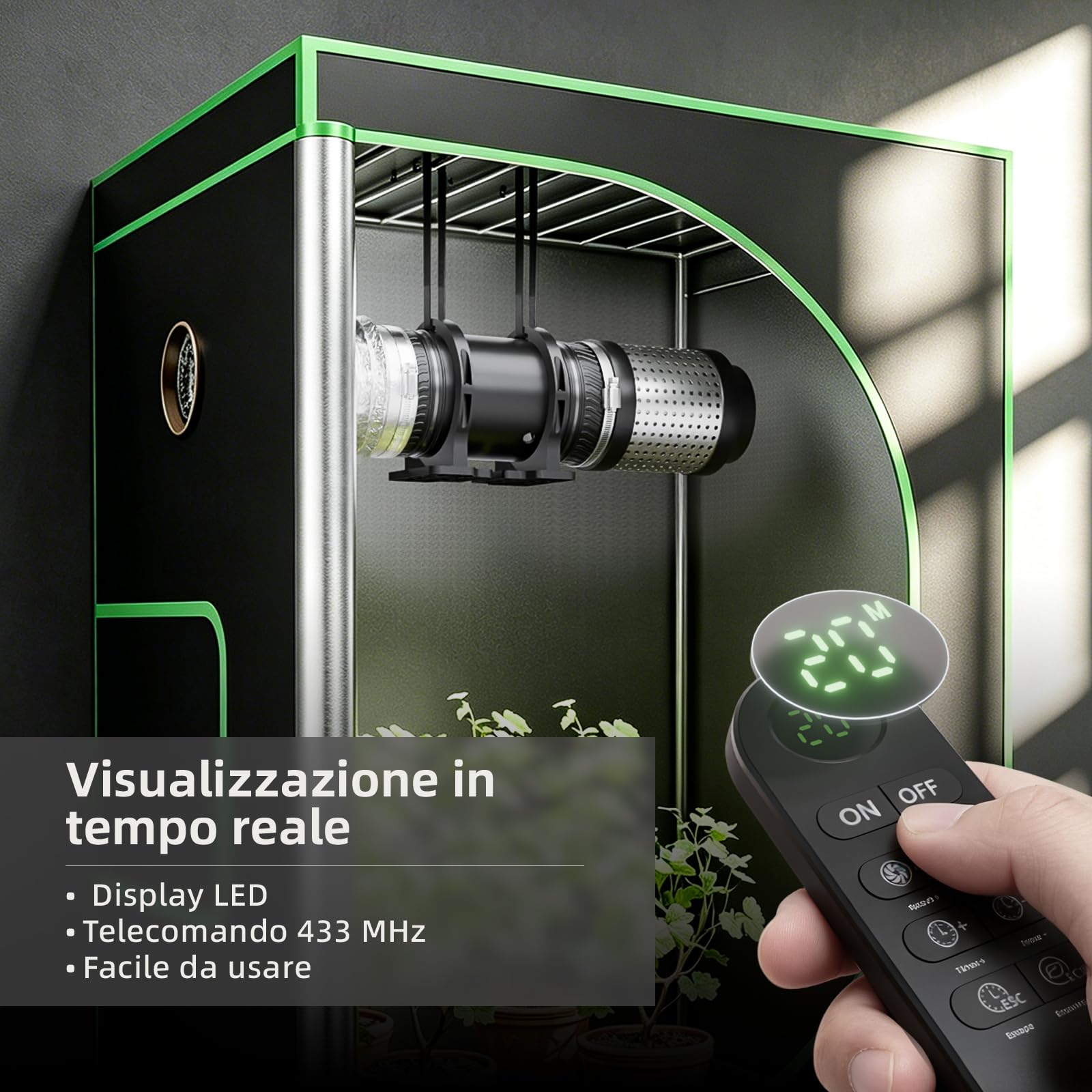 MOCINE Ventilatore da Condotto 100 mm con Base di Montaggio, 8 Velocità, Timer con Telecomando Display, 310 m³/h, 5000 giri/min, Nero, Aspiratore d’Aria per Garage, Bagno, Veranda, Serra e Cucina