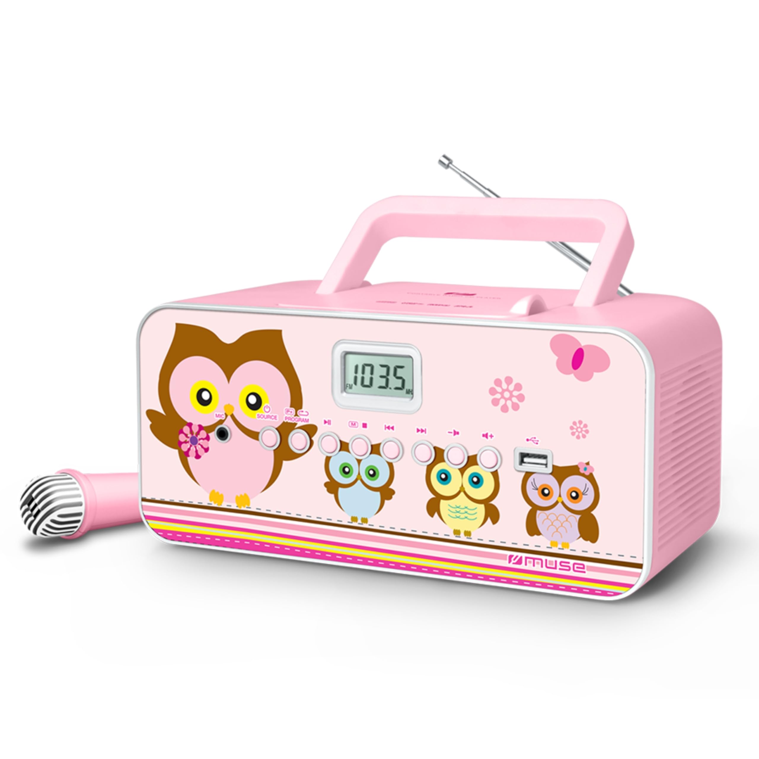 CD-Radio für Kinder mit Mikrofon und Sing-A-Long Karaoke Funktion (CD / MP3, USB, AUX-In, LCD-Display, Teleskopantenne), Pink mit Eulenmotiven