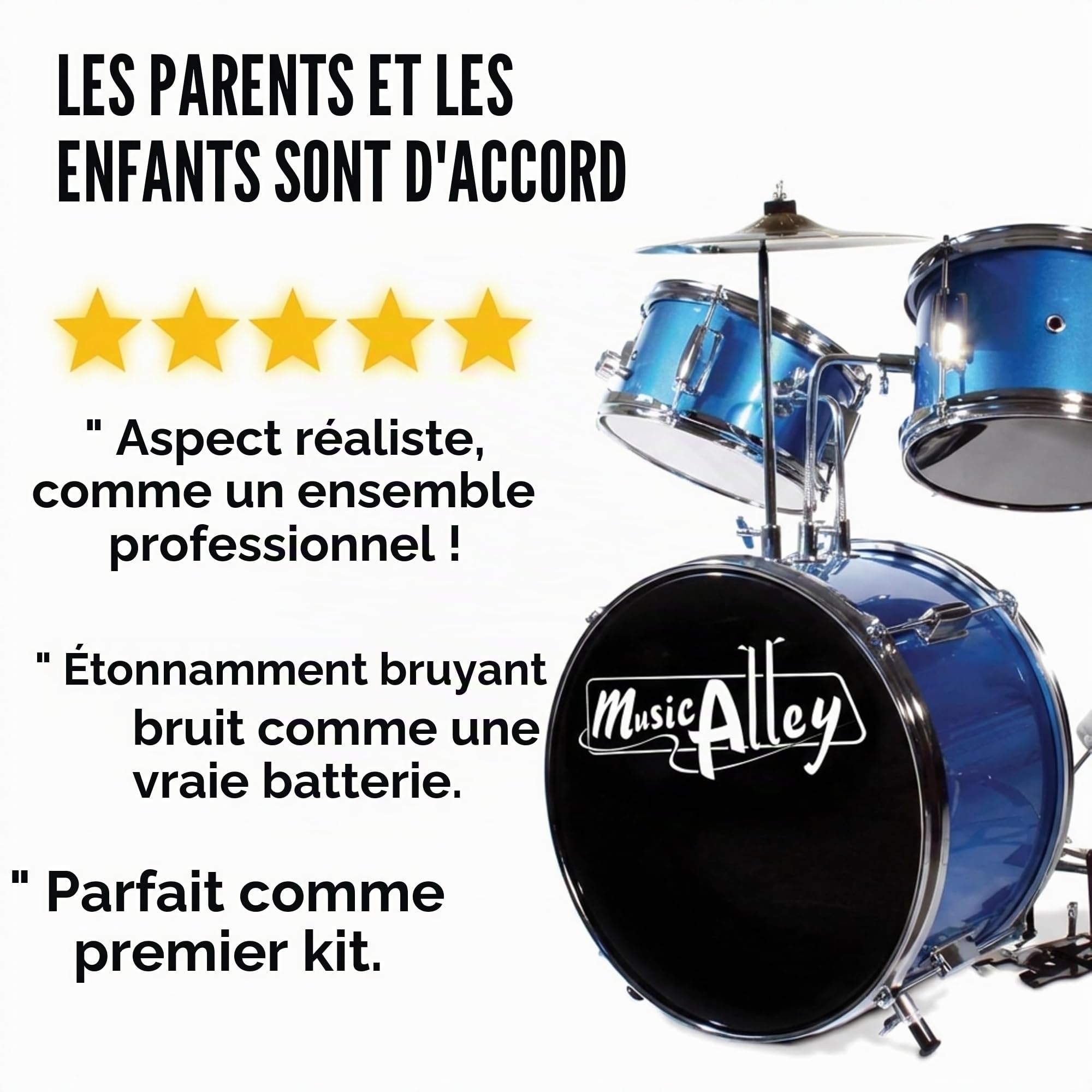 Music Alley Batterie Enfant 3 Pièces avec Tabouret et Cymbale, Bleu | Kit batterie musique junior avec grosse caisse, caisse claire, tom, cymbale, pédale et baguettes pour enfants débutants