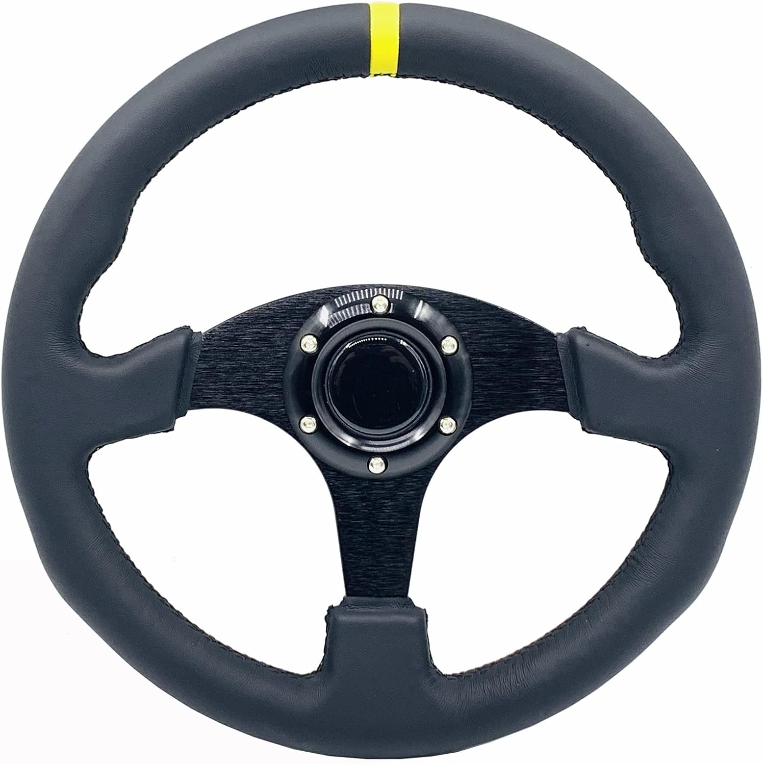13inch/330mm White Stripe Racing Steering Wheel Genuine Leather and Aluminum Frame 6 Bolt Flat Bottom Steering Wheel for Racing/Car Sim Driving
